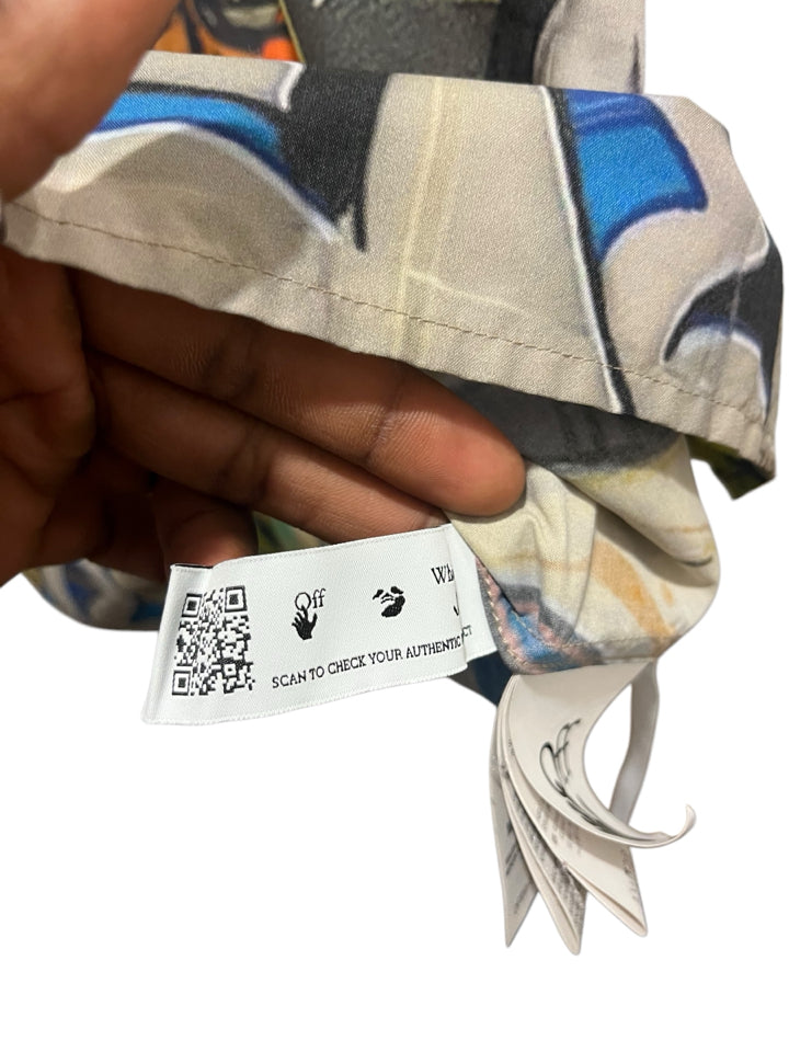 Off White x Neen Graffiti Print Short Sleeve Button Up Shirt for Men - Size L | Stylish Casual & Streetwear Fashion | Perfect for Summer Outfits, Parties & Urban Style