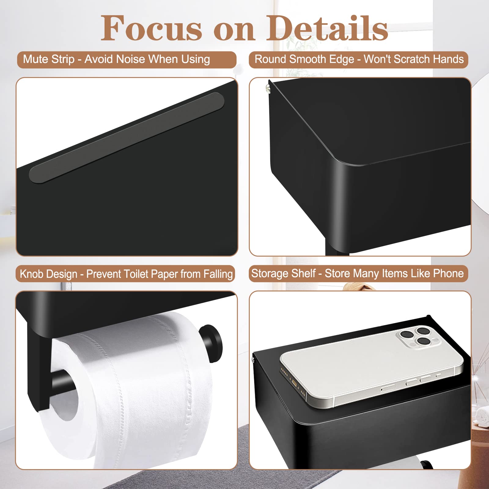 Stainless Steel Toilet Paper Holder with Shelf & Wipes Dispenser - Wall Mount No Drill Bathroom Storage Organizer for Toilet Paper Rolls - Matte Black - Perfect for Modern Bathrooms & Powder Rooms