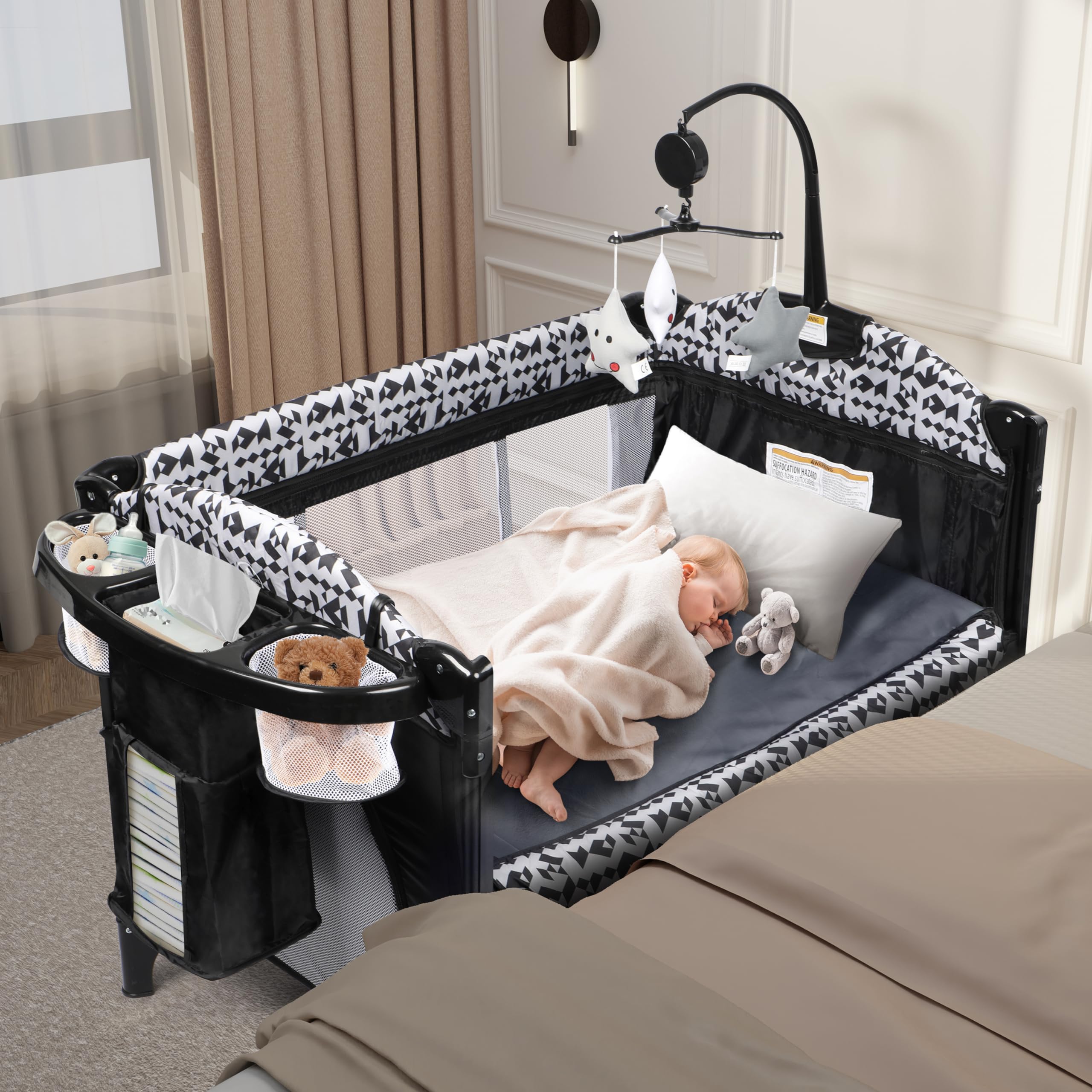 Xilingol 5-in-1 Portable Baby Playard with Bassinet, Bedside Sleeper, Diaper Changer, Storage Bag & Soothing Music Box - Foldable Travel Crib with Carry Bag for Newborns to Toddlers - Perfect for Nursery, Bedroom & On-the-Go Parenting