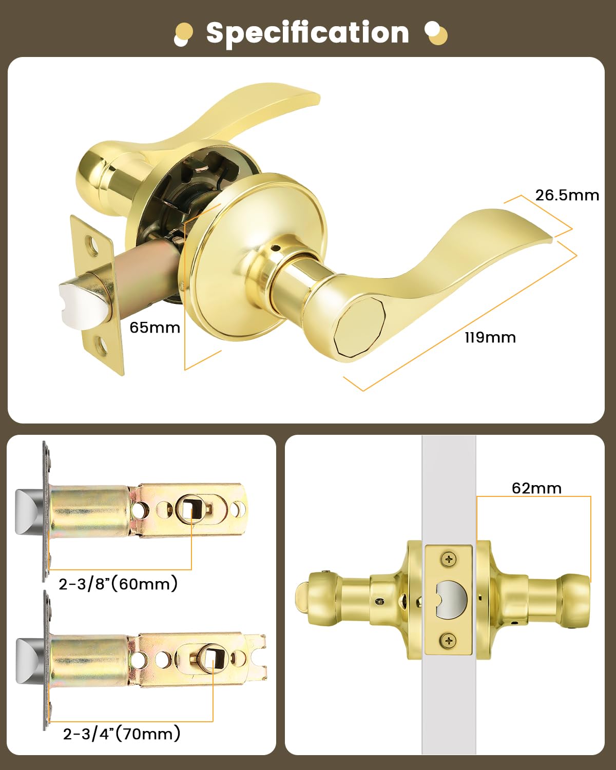 8 Pack Polished Brass Passage Door Levers - Non-Locking Interior Door Handlesets for Closet & Hallway (Right/Left Handing) - Perfect for Bedroom, Bathroom & Office Doors