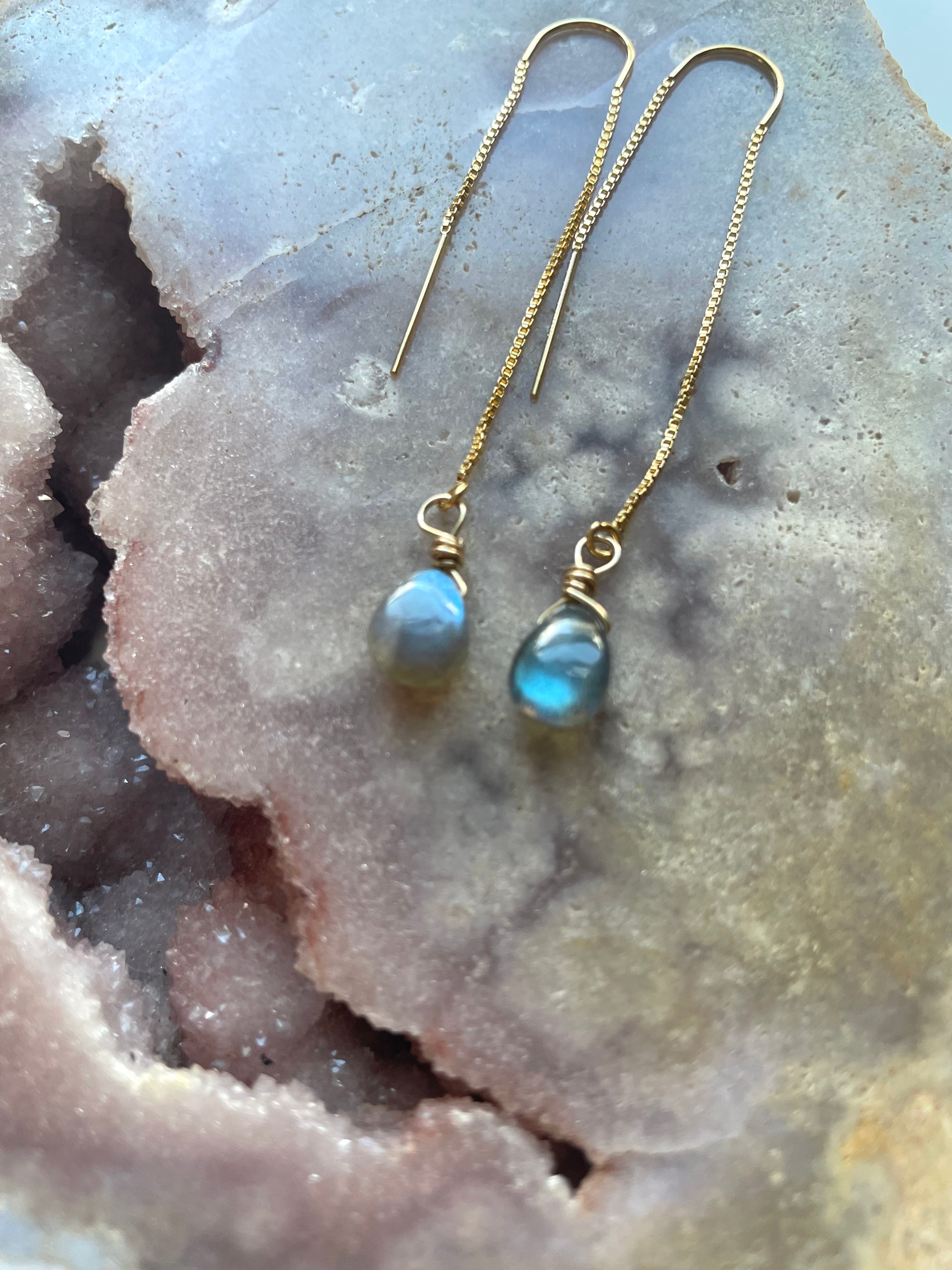 Tiny Labradorite Drop Threader Earrings - Dainty Gemstone Studs for Women | Perfect for Everyday Wear, Gifts & Boho Jewelry