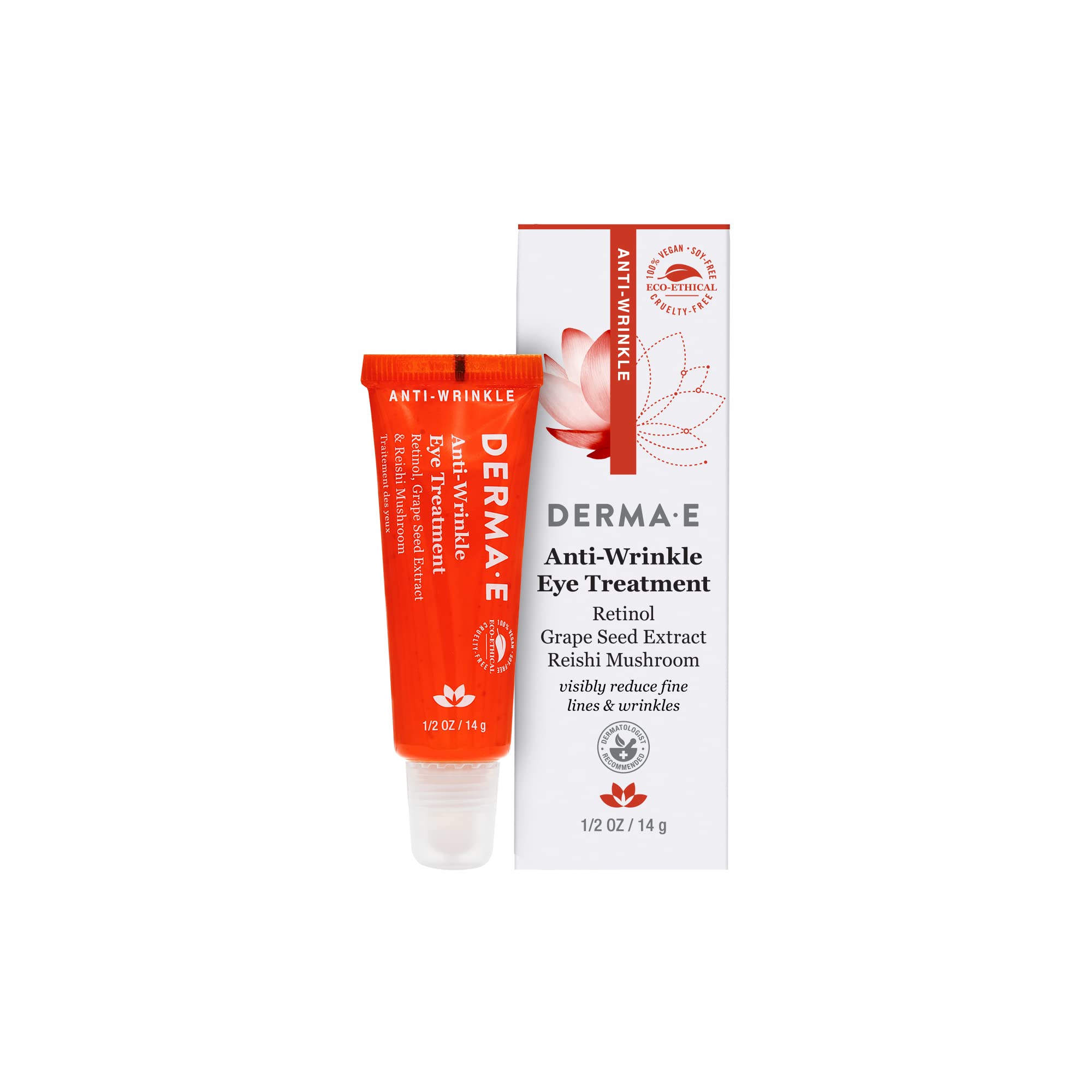 Derma E Anti-Wrinkle Eye Cream with Retinol, Grape Seed & Reishi Mushroom - Hydrating Under Eye Treatment for Dark Circles, Puffiness & Fine Lines - 1/2 oz Anti-Aging Serum - Perfect for Nighttime Skincare Routine & Travel