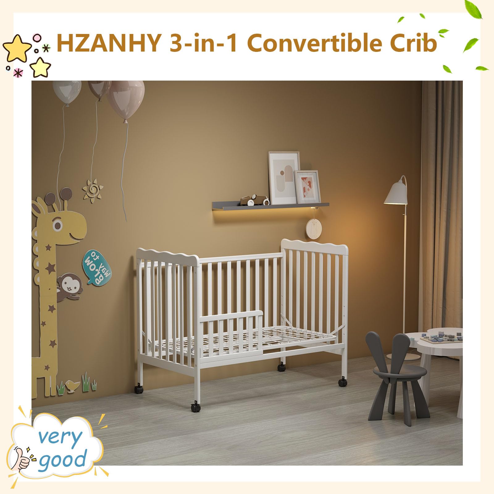 3-in-1 Convertible Baby Crib to Toddler Bed & Full Size Bed Frame - Safe Nursery Furniture for Boys & Girls - Perfect for Newborns, Infants & Growing Kids (Mattress Not Included) | Ideal for Nursery Rooms, Daycare Centers & Small Bedrooms