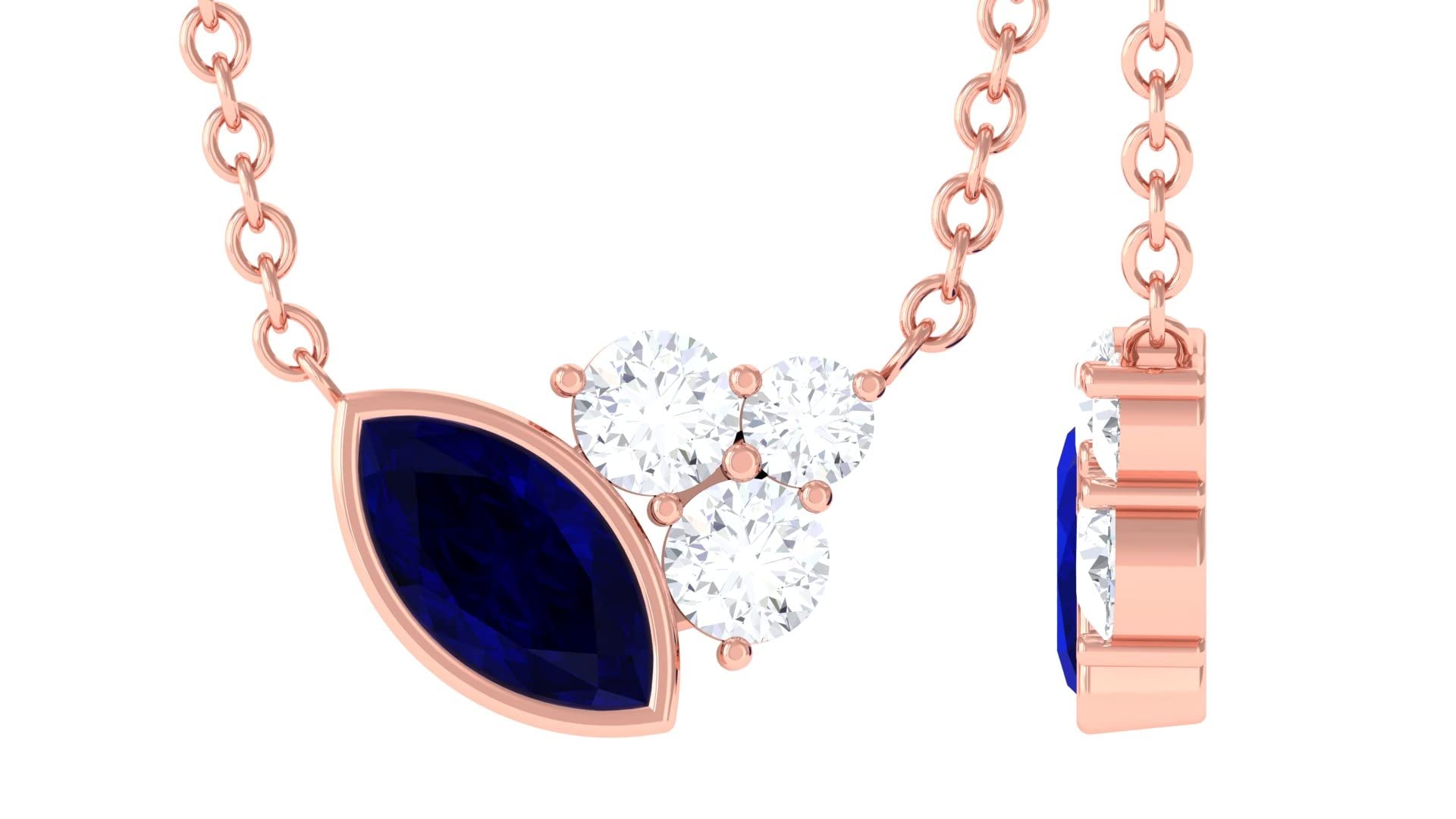 Blue Sapphire & Diamond Ring - Marquise Cut Bezel Set 14K Solid Gold Women's September Birthstone Jewelry with Chain - Perfect for Anniversaries, Engagements & Special Occasions