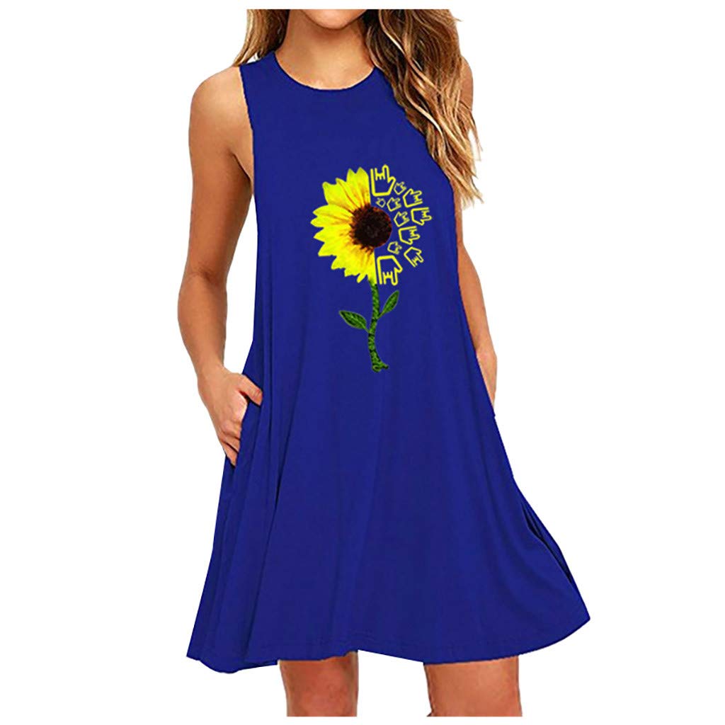 GDJGTA Women's Sunflower Print Casual Summer Sleeveless T-Shirt Short Dress - Boho Baggy Tank Mini Dress for Beach, Vacation & Outdoor Activities
