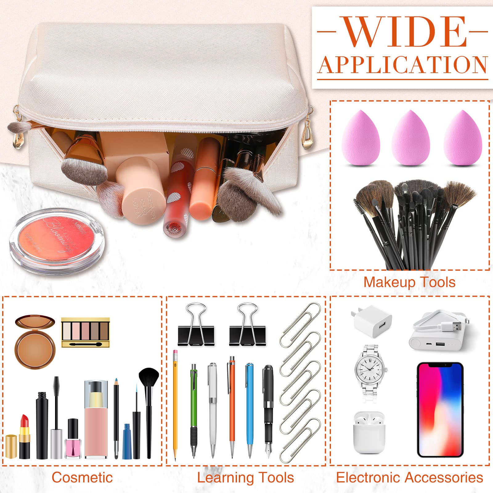Sanwuta 9 Pcs Preppy Makeup Bag Set - PU Leather Cosmetic Organizer & Waterproof Toiletry Pouch for Travel - Ivory White | Perfect for School, Gym, Vacation & Daily Essentials Storage