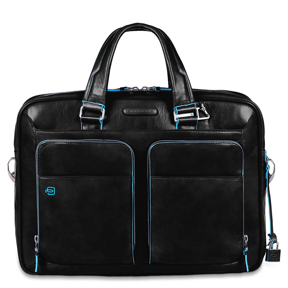 Piquadro Professional Leather Portfolio Computer Briefcase with iPad Compartment - Slim Laptop Bag for Business & Travel - Black Executive Briefcase for Men & Women - Perfect for Office, Meetings & Airplane Carry-On