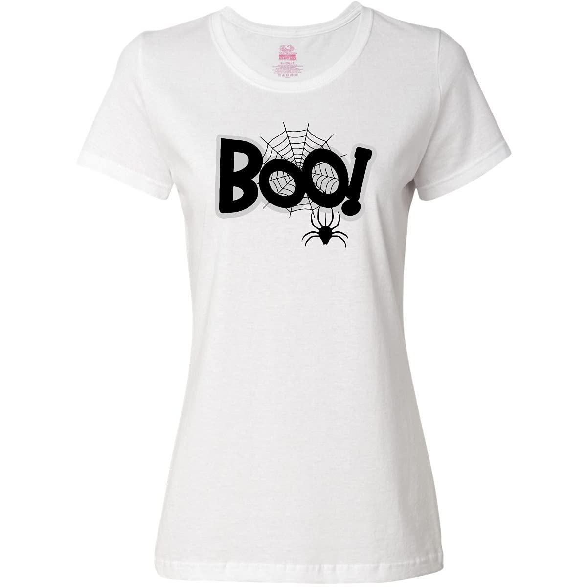 Halloween Boo with Spider & Web Black Women's T-Shirt | Spooky Graphic Tee for Costume Parties & Trick or Treating