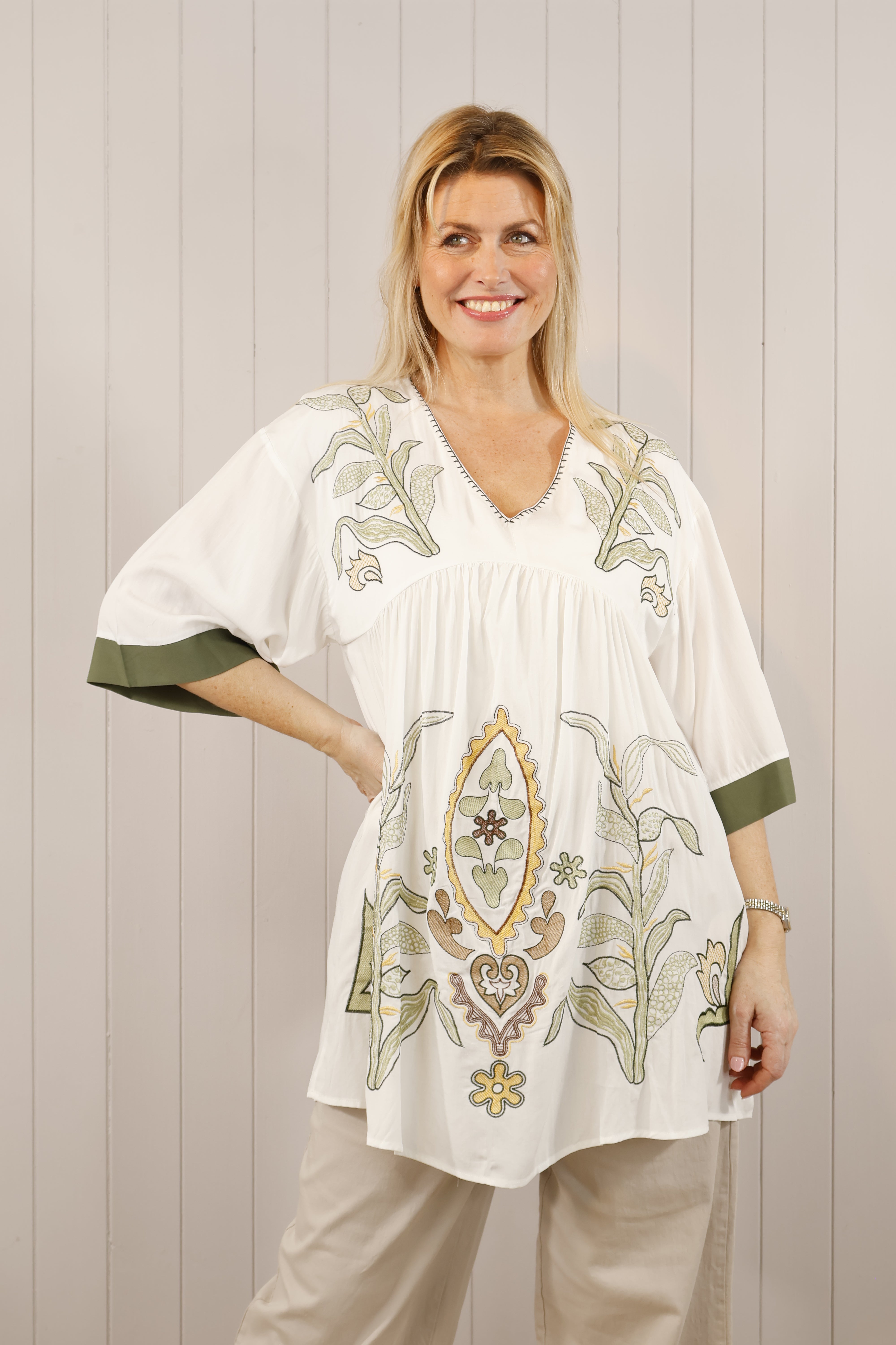 Xena Embroidered Tunic Top for Women - Cream Floral Embroidered Blouse - Boho Chic Loose Fit Tunic for Casual Wear, Office & Summer Outfits
