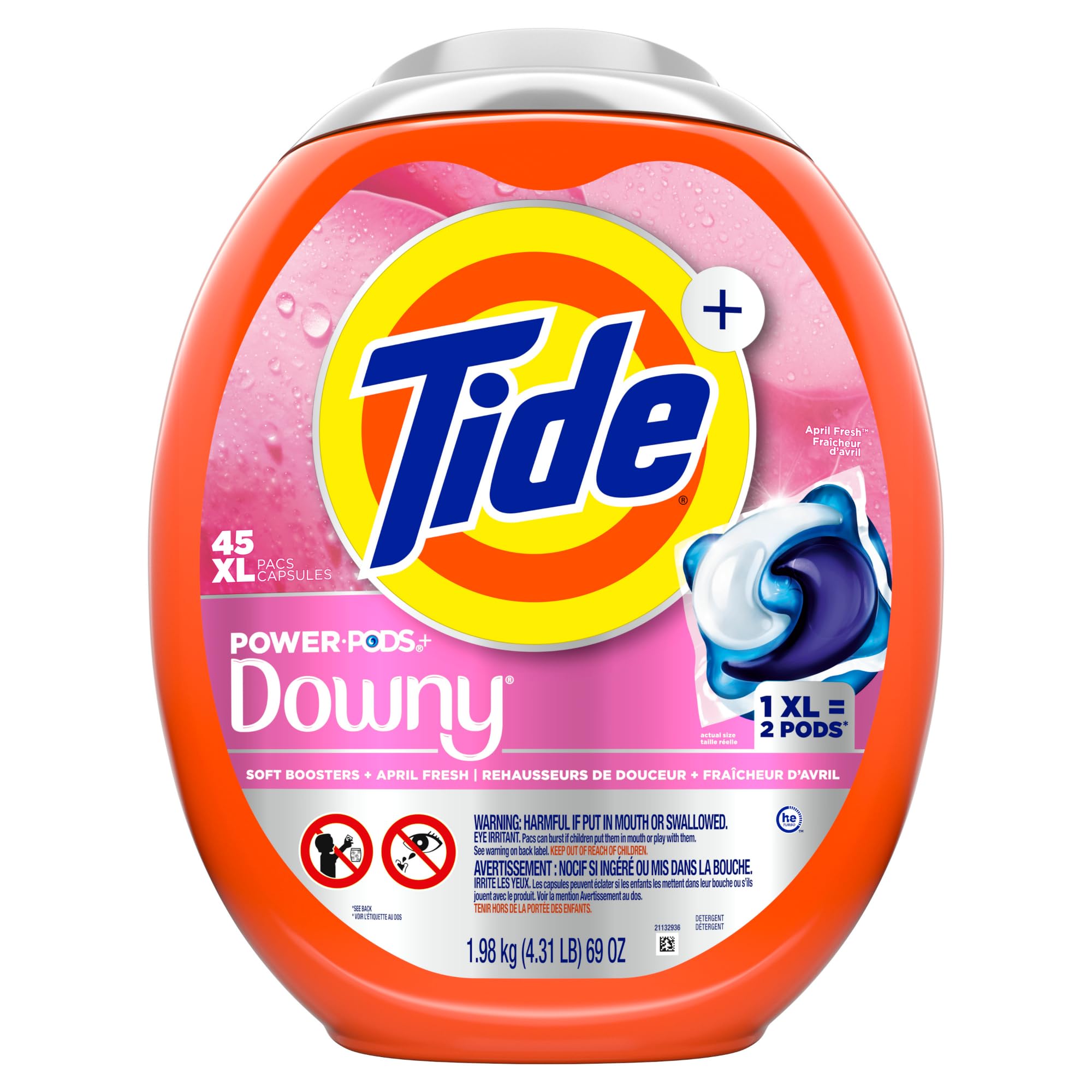 Tide Power PODs 2-in-1 Laundry Detergent Pacs with Downy Soft Boosters | April Fresh Scent | 45 Count | Long-Lasting Freshness | Perfect for HE Washers, Gym Clothes & Family Laundry