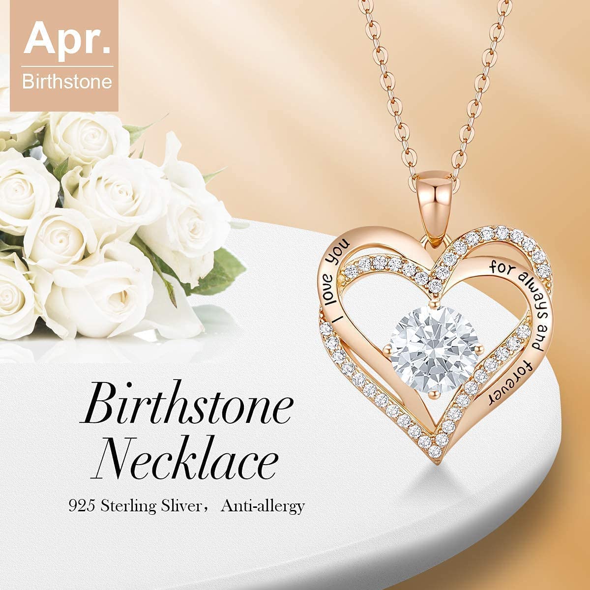 Forever Love Heart Necklace & Earrings Set - 925 Sterling Silver Rose Gold Plated Birthstone Jewelry for Women with 5A Cubic Zirconia | Valentine's Day Gift, Anniversary Present, Birthday Jewelry Set for Her | Perfect for Romantic Occasions, Date Nights and Special Celebrations