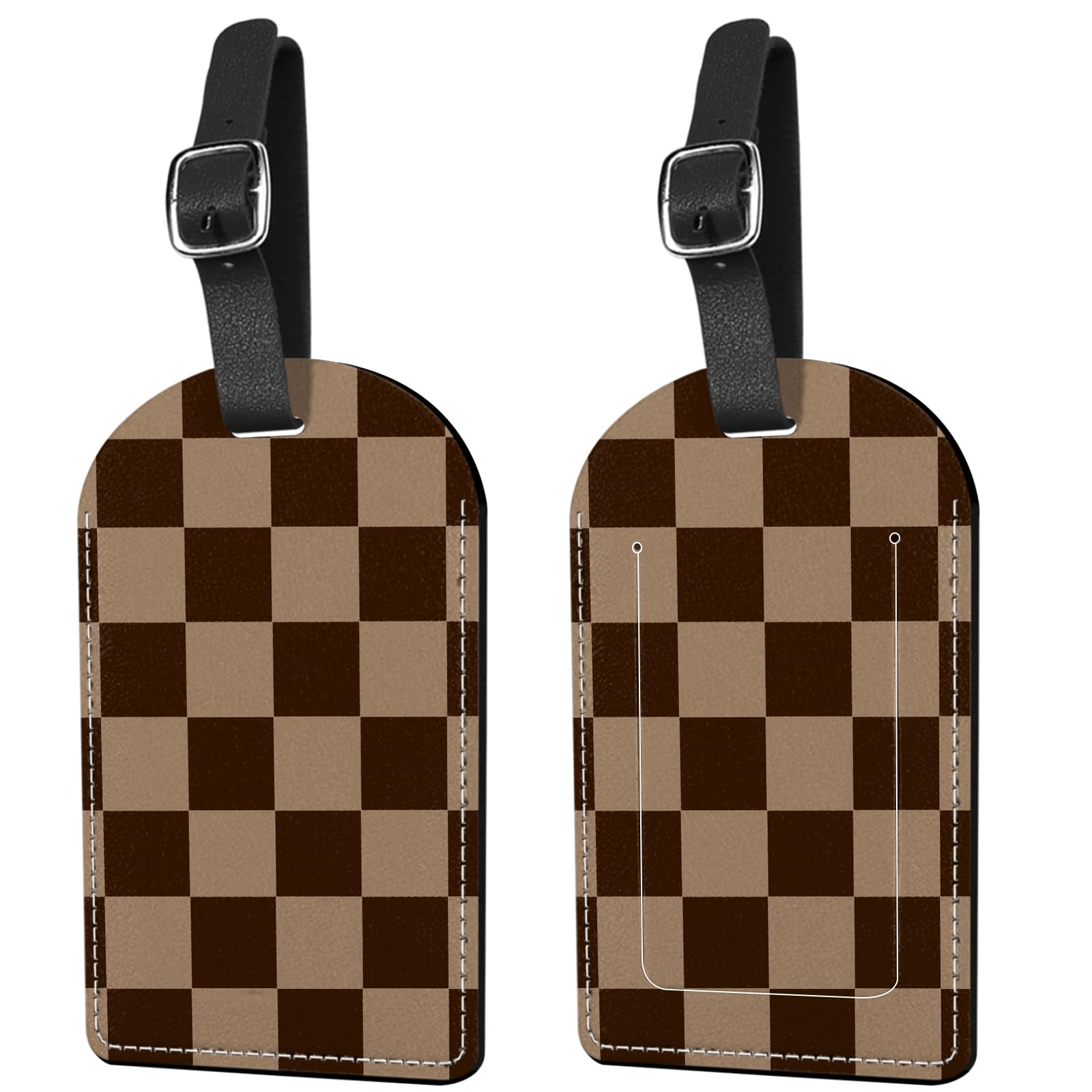 2 Pack PU Leather Luggage Tags with Privacy Cover - Stylish Brown Checkered Suitcase Identifiers for Women, Men & Girls - Perfect for Travel, Airports & Vacation