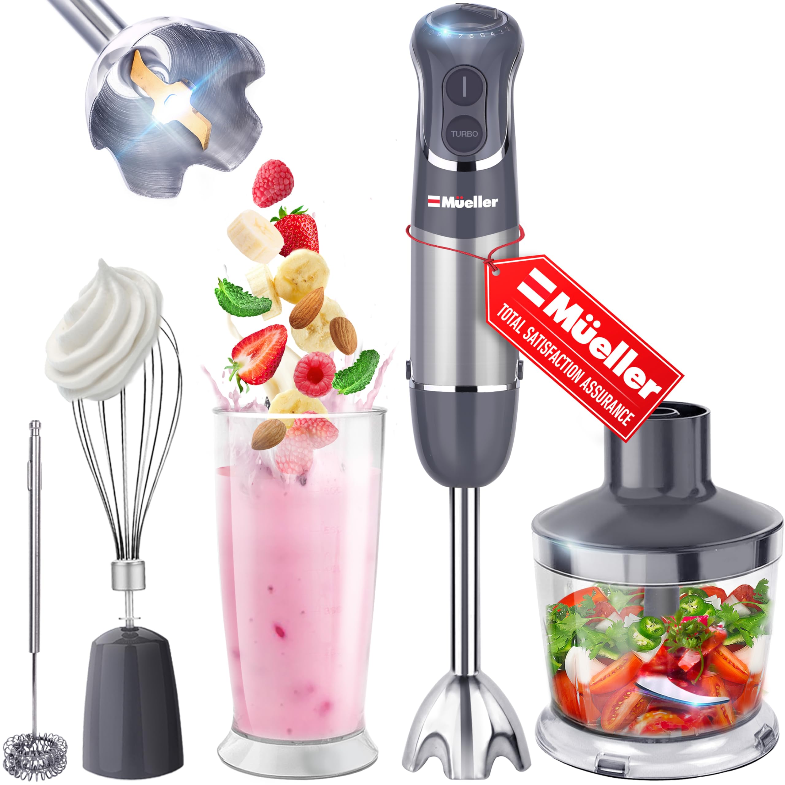 Mueller 800W 4-in-1 Immersion Blender Hand Mixer - 12 Speed with Turbo Boost, Heavy Duty Copper Motor & Titanium Blades, Includes Milk Frother, Whisk, Beaker & Chopper - Perfect for Smoothies, Soups, Sauces & Baking (Grey)