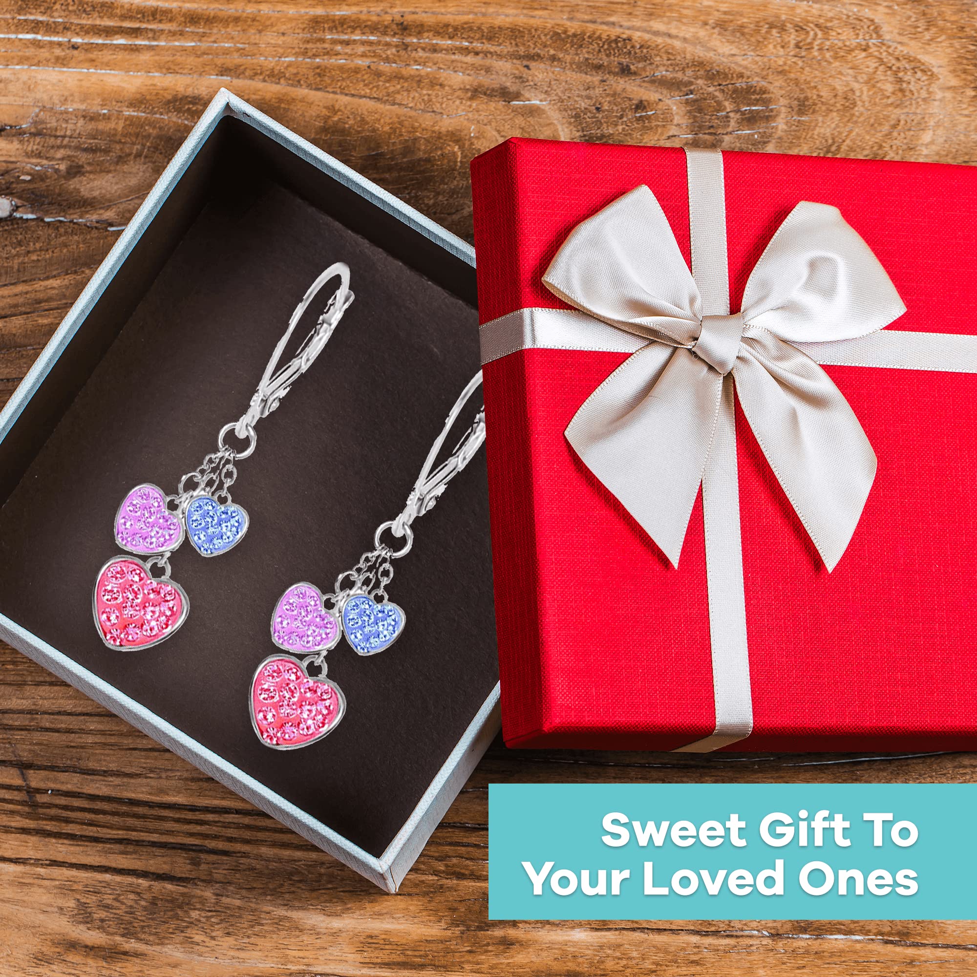 Hypoallergenic 925 Silver Kids Hoop Earrings with 3 Mini Hearts & Crystals - Gold or White Tone Leverback Earrings for Girls | Perfect for Birthday Gifts, School Events & Special Occasions