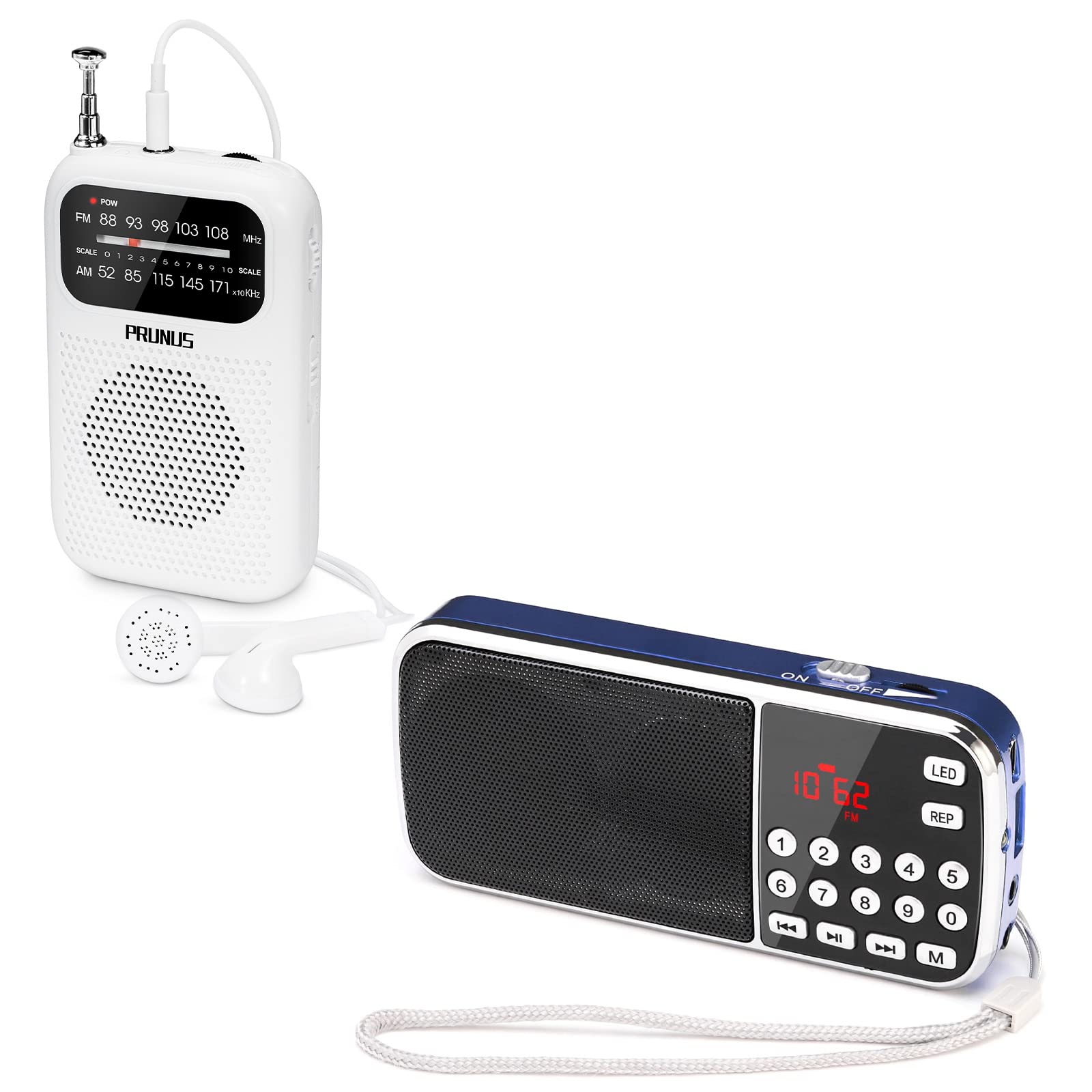 PRUNUS J-189 & J-777 Portable Bluetooth AM/FM Radio with Dual Speaker Heavy Bass - Best Reception Pocket Walkman for Outdoor, Travel, Gym, and Home Use (Blue+White)