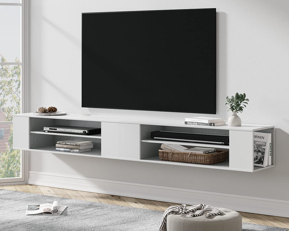 **WAMPAT 2-in-1 Floating TV Stand for 75+ Inch TVs - Wall Mounted Shelf, Wood Media Console with Storage, TV Cabinet Hutch & Under TV Desk for Living Room - White, 79 Inch - Perfect for Modern Home Entertainment Setup**