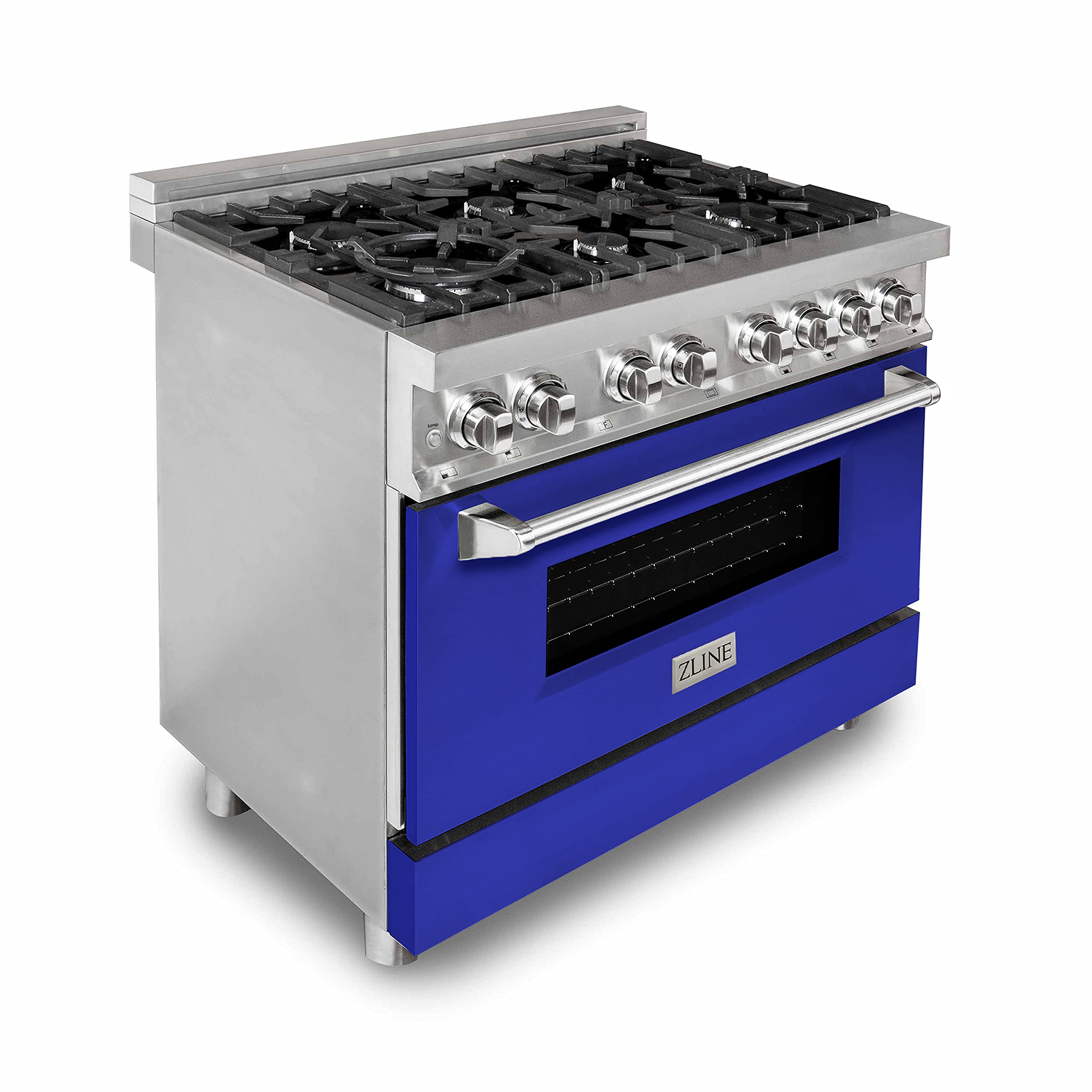 ZLINE 36-inch 4.6 cu.ft Stainless Steel Dual Fuel Range with 6-Burner Gas Cooktop & Convection Oven - Blue Matte Door (RA-BM-36) - Perfect for Modern Kitchens & Professional Cooking