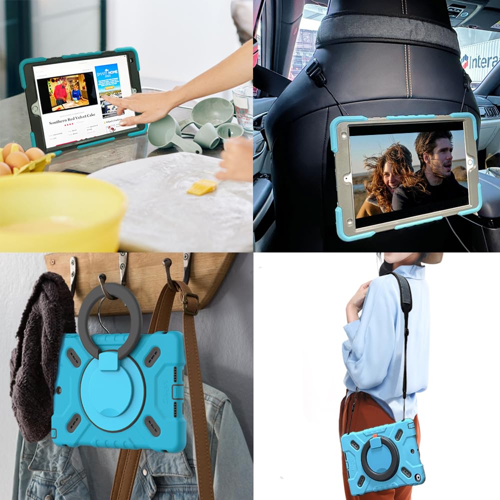 NLR FUN Pepkoo 4-Layer Shockproof Case for iPad 9th/8th/7th Gen (10.2” iPad 2021/2020/2019) & iPad Air 3rd Gen (10.5” iPad Air 2019) - Heavy Duty Protective Cover with Kickstand, Handle, Pencil Holder & Shoulder Strap - Perfect for School, Work, Travel & Outdoor Use (Blue)