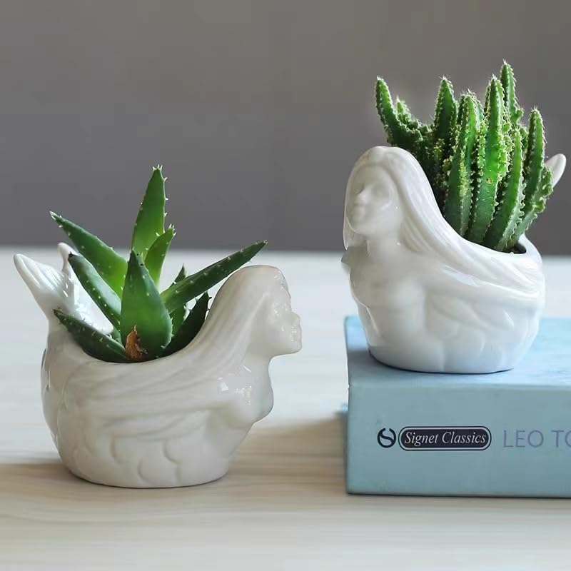 2-Pack White Ceramic Modern Flower & Succulent Planter Pots with Mermaid Figurine - Elegant Home & Garden Decor for Cactus, Plants, and Indoor/Outdoor Display
