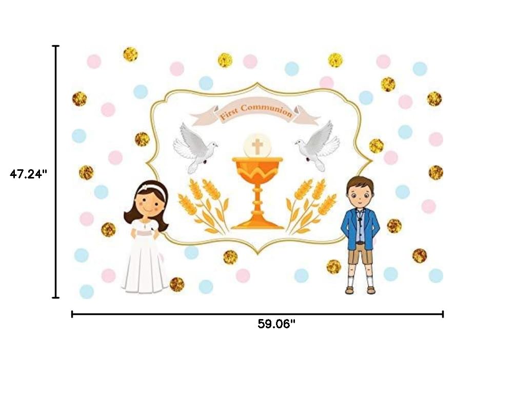 Baocicco 5x4ft First Communion Backdrop - Christian Photography Background with Holy Cross, Grail, Peace Dove & Wheat for Religious Events, Baptism, Boys & Girls - Perfect for Church Ceremonies, Sunday School & Family Photo Sessions
