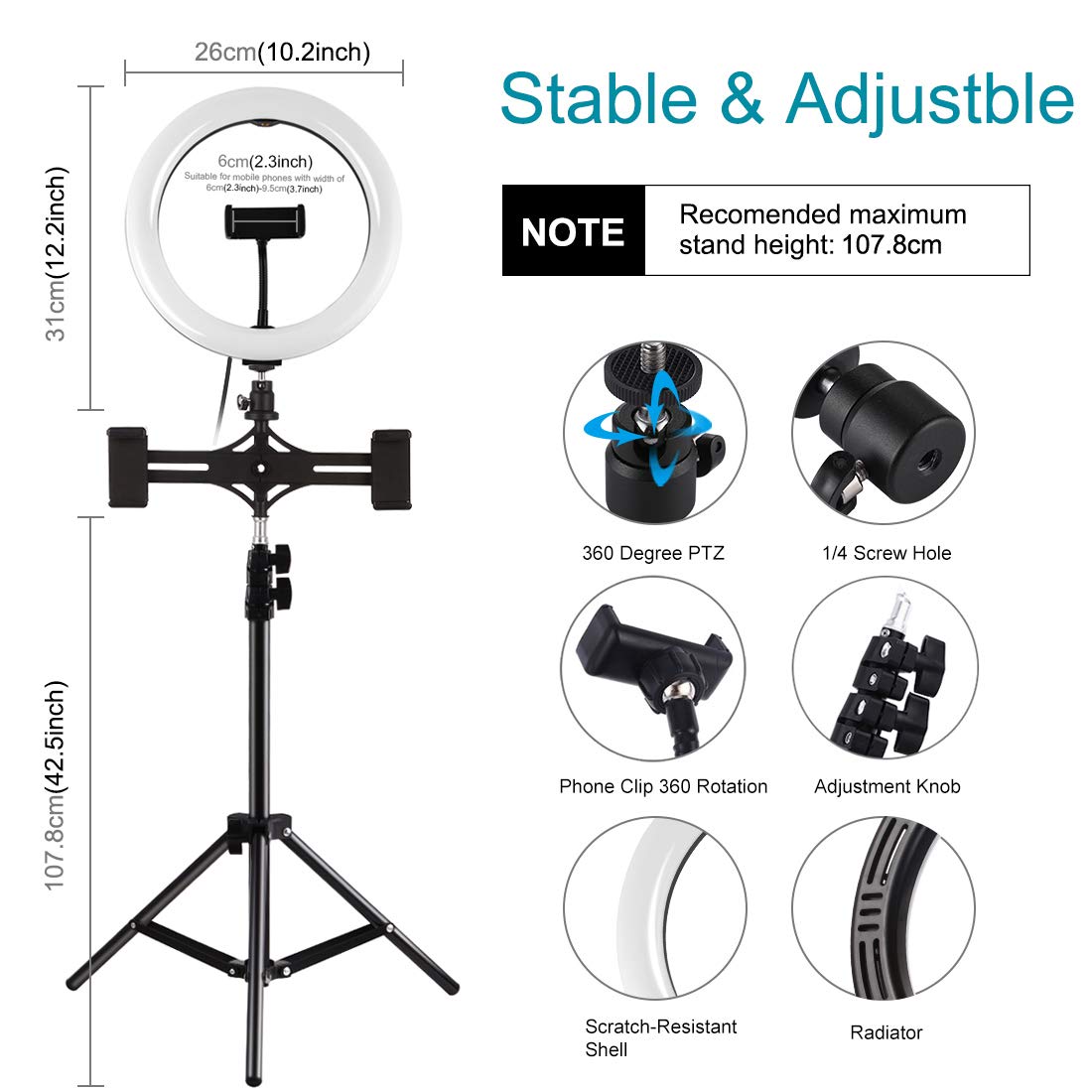 Loboo Idea 7.6''/20CM Dimmable Bi-Color LED Ring Light with Tripod Stand & Phone Holder - 3200-5600K Adjustable Lighting for Smartphone Camera, YouTube Vlogging, Makeup, Live Streaming & Video Shooting - Perfect for Home Studio, TikTok Videos & Beauty Content Creation