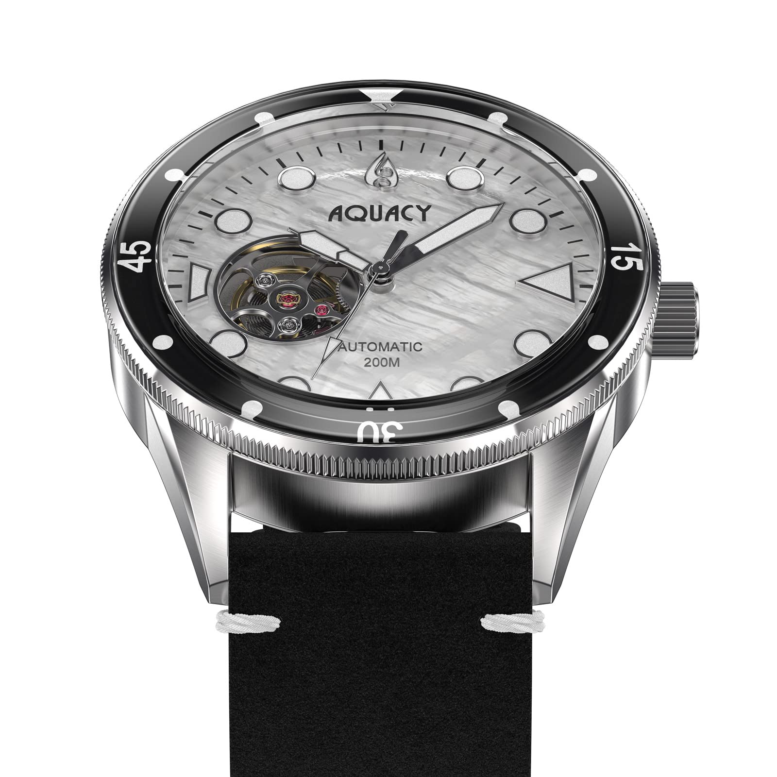Aquacy HEI Matau Automatic Diver Watch for Men - Japanese Self-Winding Movement, 200m Water Resistant, White Mother of Pearl Dial with Open Heart Design - Perfect for Scuba Diving, Cave Exploration & Luxury Everyday Wear