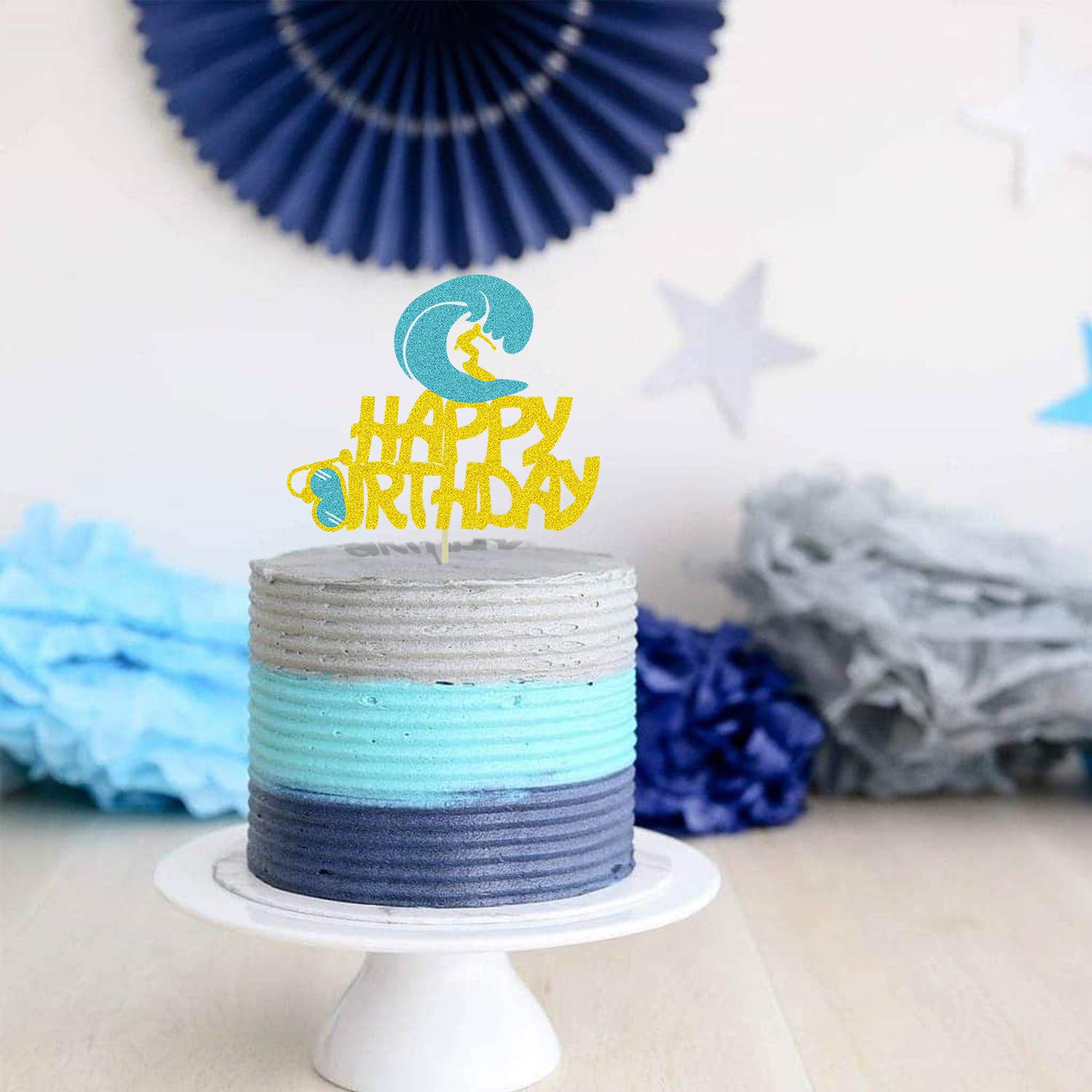 Glitter Double-Sided Happy Birthday Surfboard Cake Topper - Perfect for Summer Beach, Surfing & Hawaii Themed Party Decorations | Ideal for Birthday Cakes, Cupcakes, and Dessert Table Displays