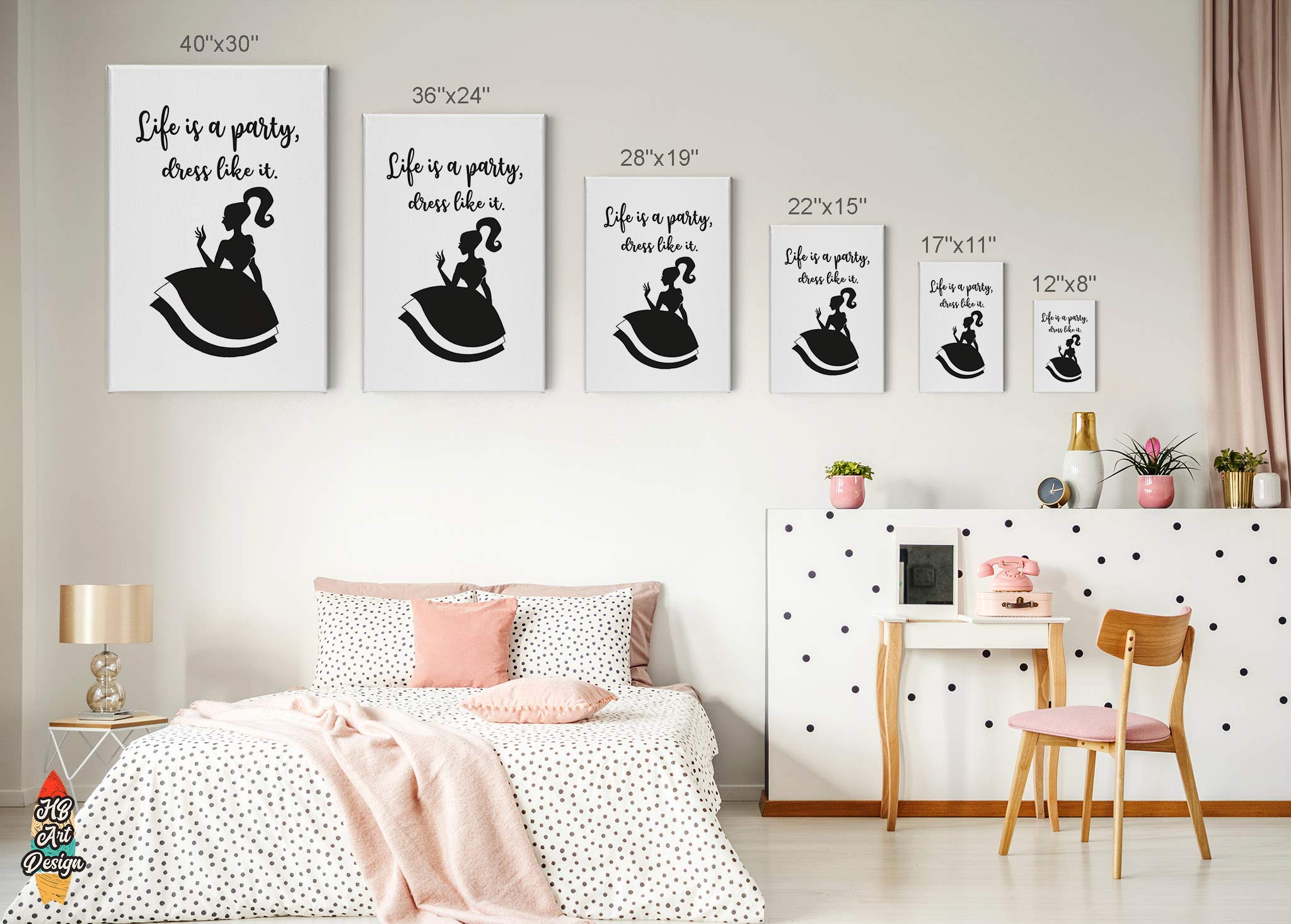 Life is a Party Dress Like It - Inspirational Quote Black & White Fashion Canvas Wall Art Print - Glam Home Decor for Office, Dorm, Bathroom, Living Room & Bedroom - Ready to Hang 36x24 Inches - Perfect Motivational Gift for Women & Girls