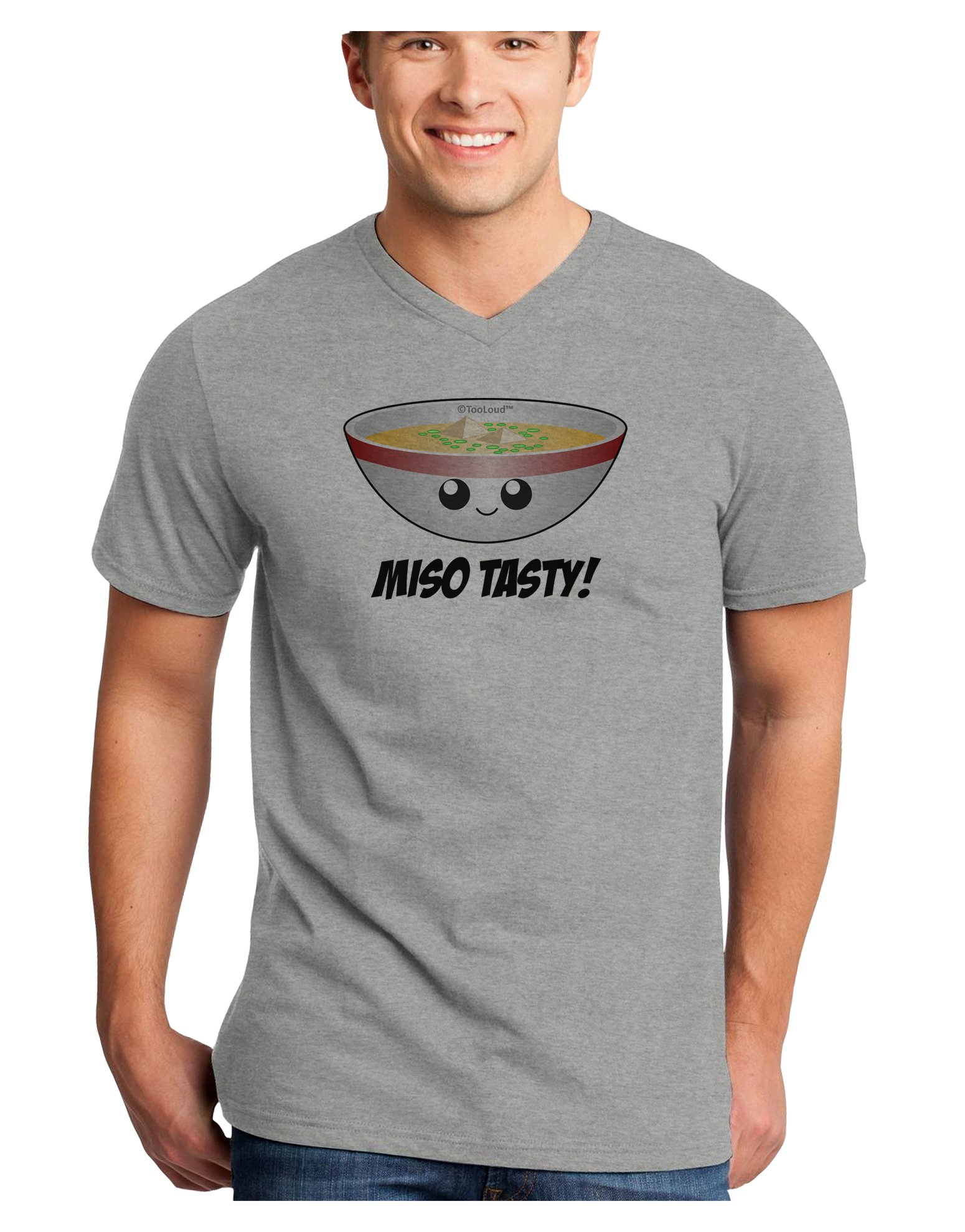 TooLoud Miso Tasty - Funny Japanese Miso Soup Bowl Print V-Neck T-Shirt for Men & Women | Cute Anime Foodie Gift for Ramen Lovers, Sushi Fans & Asian Cuisine Enthusiasts
