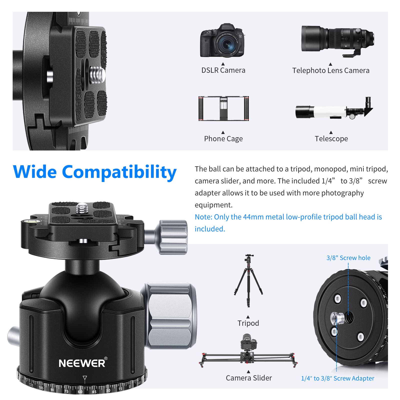 Neewer 44mm All Metal Low Profile DSLR Tripod Ball Head with Quick Release Plate - Heavy Duty 55lb Load for DSLR Cameras, Camcorders, Monopods - Perfect for Travel Photography, Vlogging & Studio Shoots