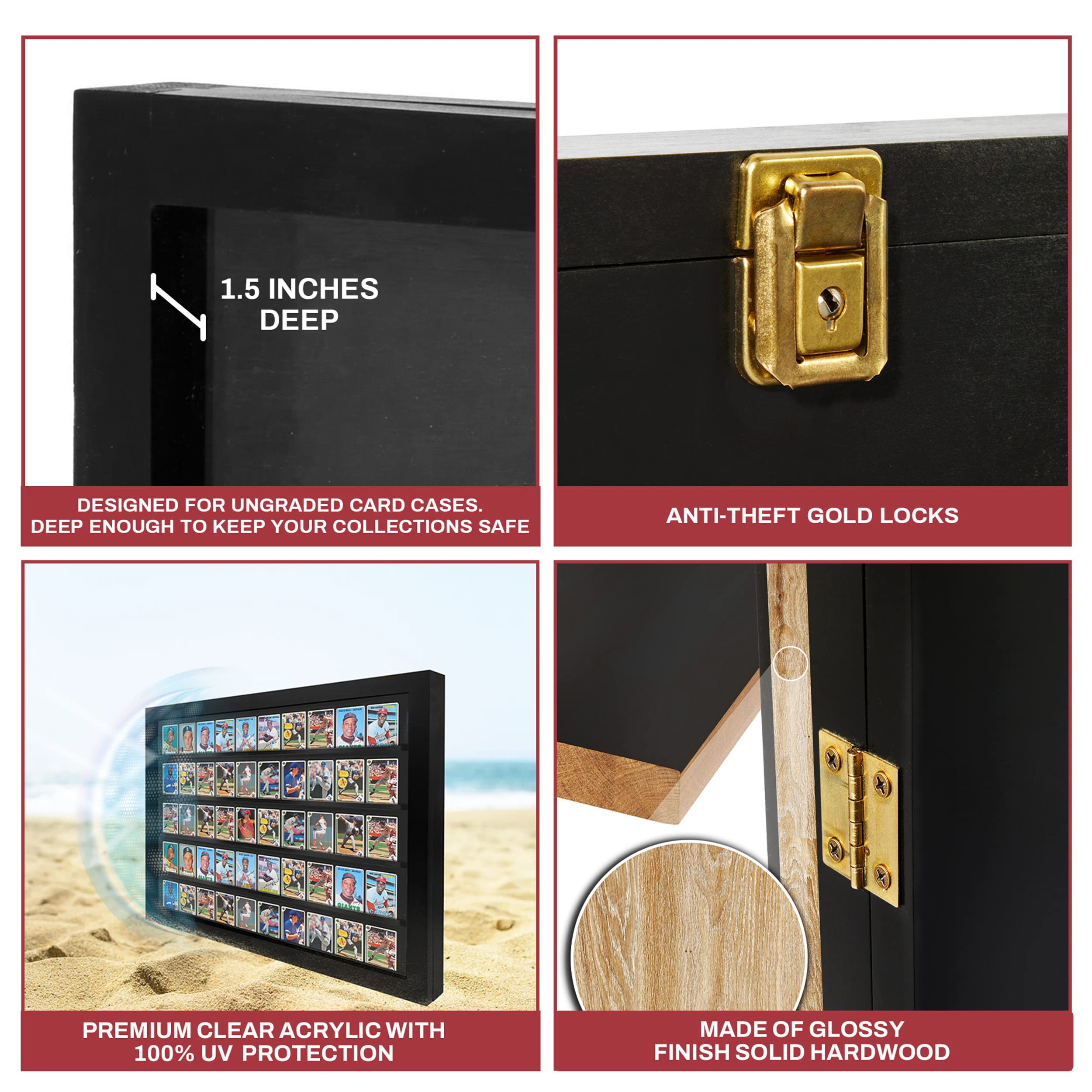 Baseball Card Display Case - Lockable Sports Card Frame Holds 50 Ungraded Cards with UV Protection - Perfect for Pokemon, Football & Basketball Trading Cards | Ideal for Collectors, Home Decor & Gift Giving