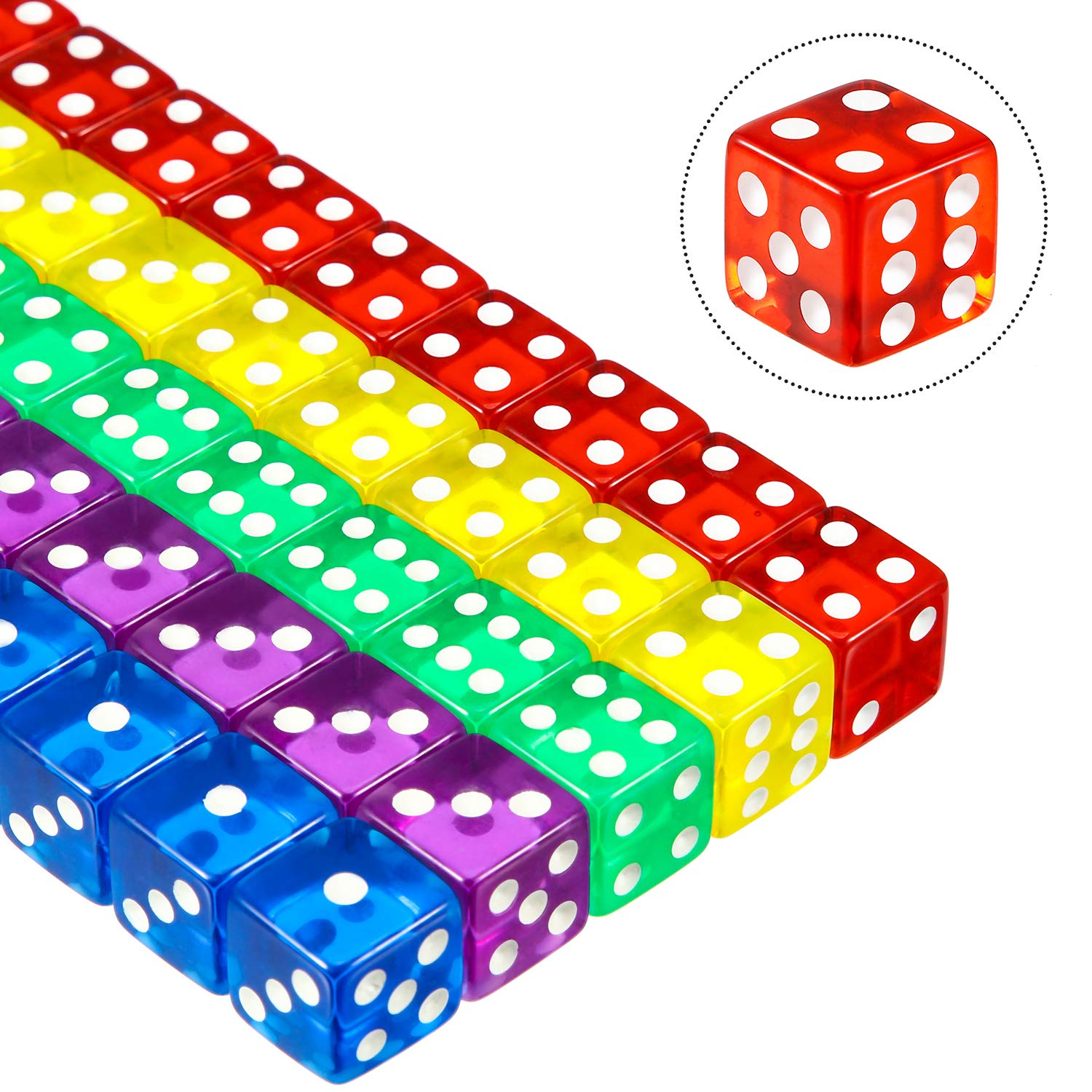 50-Piece 6-Sided Game Dice Set - Multi-Colored Dice with Black Velvet Pouches for Board Games, Math Competitions, Casino Nights & Party Favors (Purple, Blue, Green, Red, Yellow, Clear Square Edge) - Perfect for D&D, Yahtzee, Classroom Activities & Family Game Nights