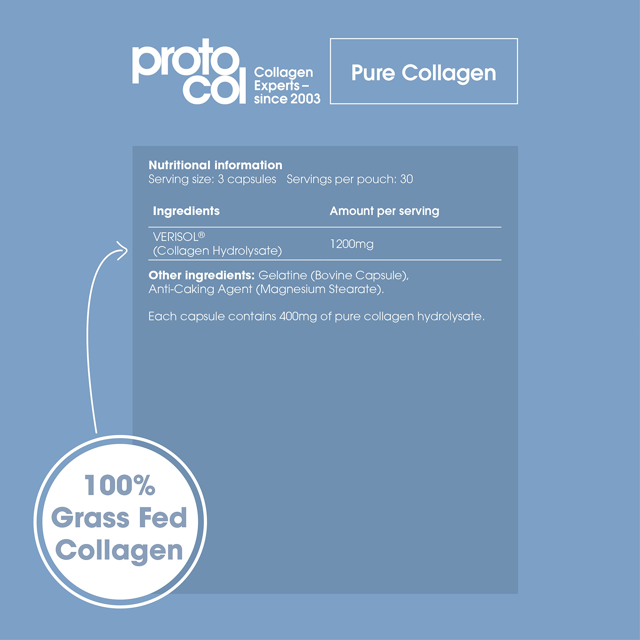 Proto-col Pure Collagen Capsules 400mg (90 Caps) - Anti-Aging Supplement with Verisol for Skin, Hair, Nails & Joint Support | UK Made | Daily Beauty & Wellness Boost for Women & Men | Perfect for Fitness Recovery & Healthy Aging
