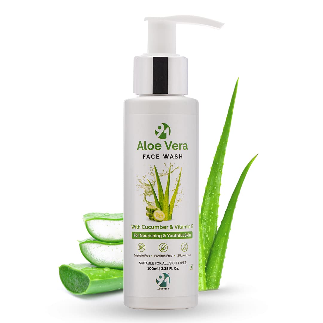 91 Ayurveda Aloe Vera Face Wash for Women & Men - 100ml Cucumber & Vitamin E Cleanser for Pimples, Dark Circles & Glowing Skin | Paraben-Free, Sulfate-Free Sensitive Skin Care | Perfect for Daily Skincare Routine & Acne-Prone Skin
