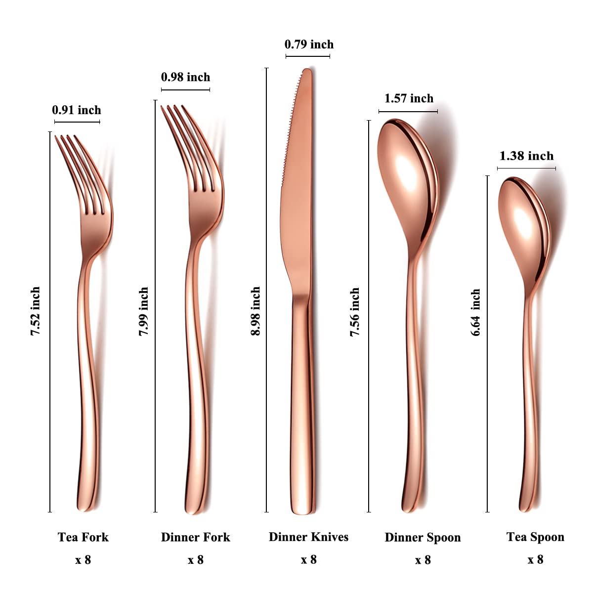 Premium 40-Piece Copper Silverware Set - Rose Gold Flatware Service for 8 - Stainless Steel Cutlery Set with Forks & Spoons - Elegant Kitchen Utensils for Dinner Parties, Wedding Gifts & Fine Dining (Shiny Rose Gold Finish)
