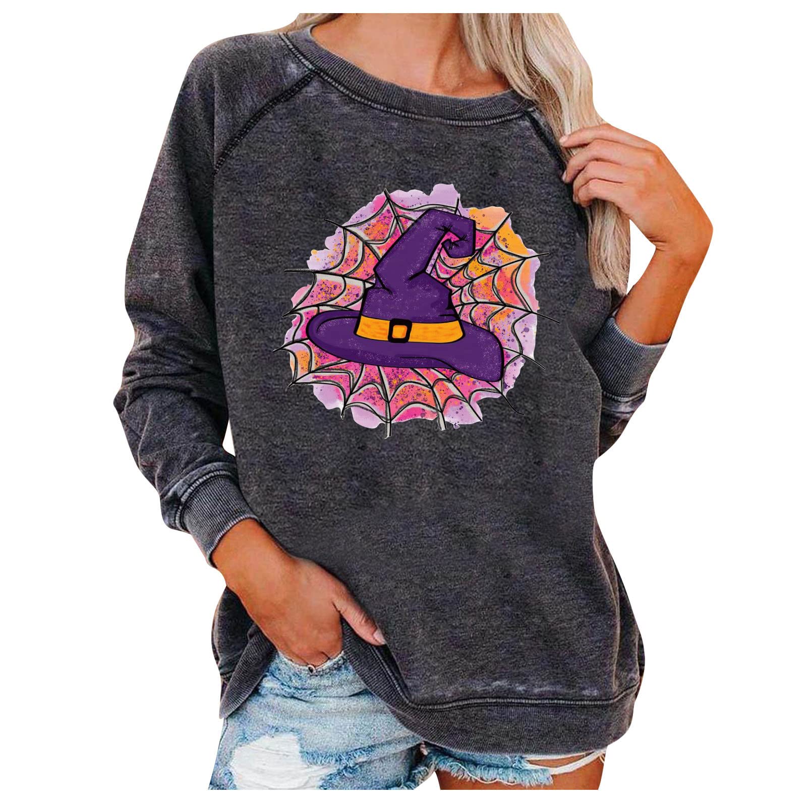 Women's Halloween Print Sweatshirt - Fashion Loose Long Sleeve Crewneck Pullover Tunic Top for Fall & Autumn | Casual Wear, Costume Parties, Pumpkin Patch Outfits