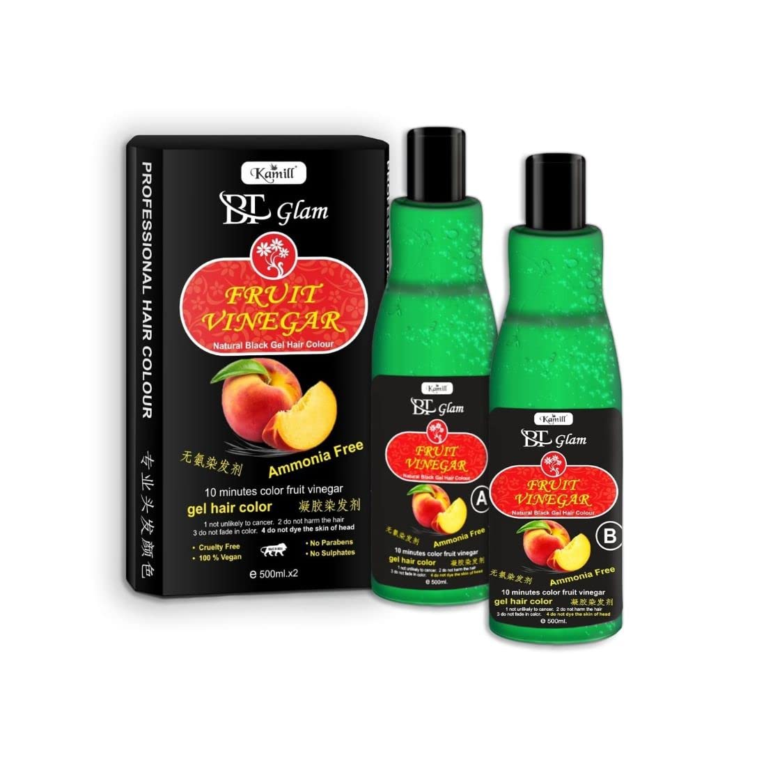 Kamill BT Glam Fruit Vinegar Gel Hair Color - Ammonia Free Natural Black Hair Dye for Healthy Hair Care (500ml x 2 Pack) | Gentle Coloring for Home Use & Salon Styling