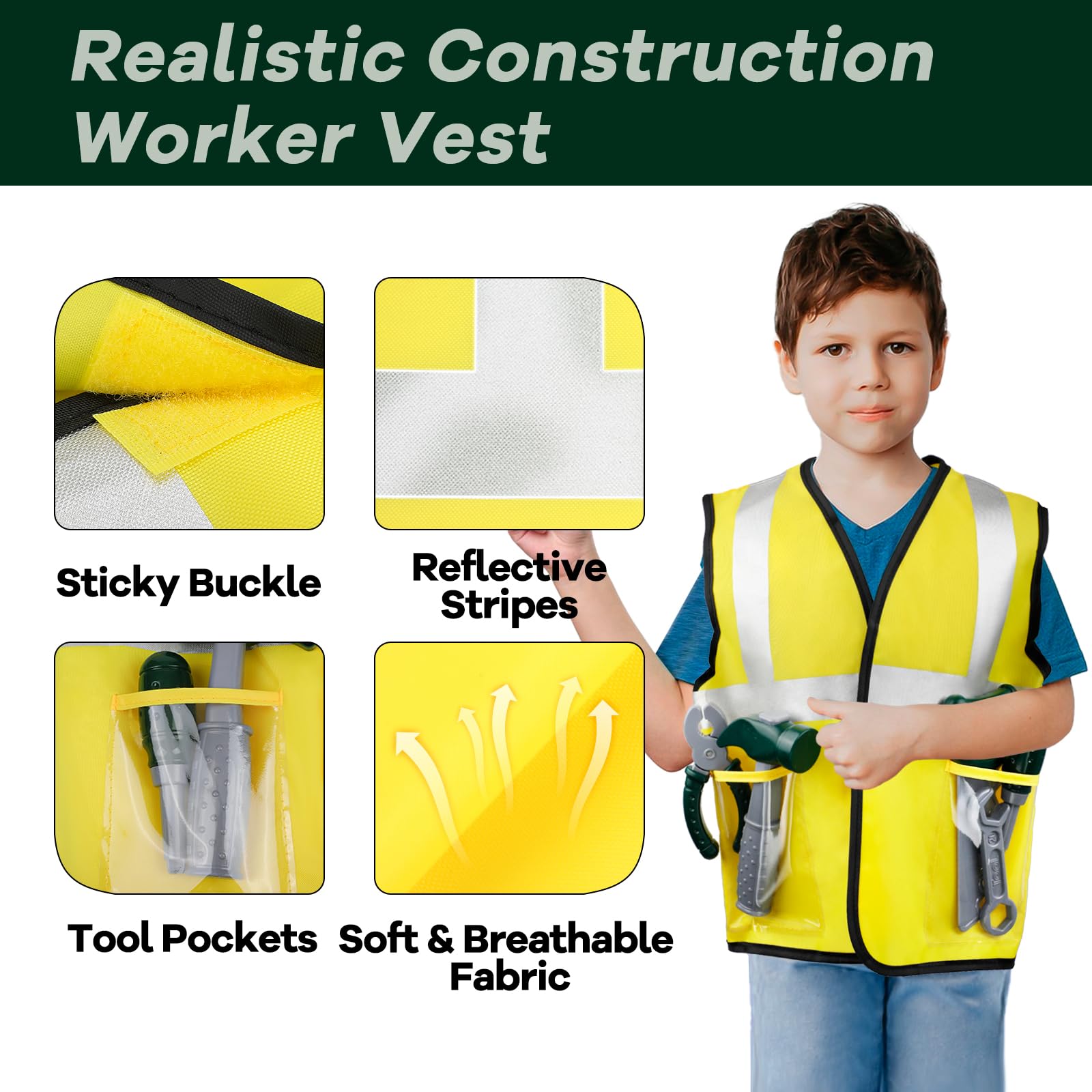 Kids Construction Worker Costume Set - Toddler Tool Kit with Adjustable Belt, Vest & Hat for Boys & Girls Ages 3-6 | Pretend Play Toys for Role-Playing & Early Learning