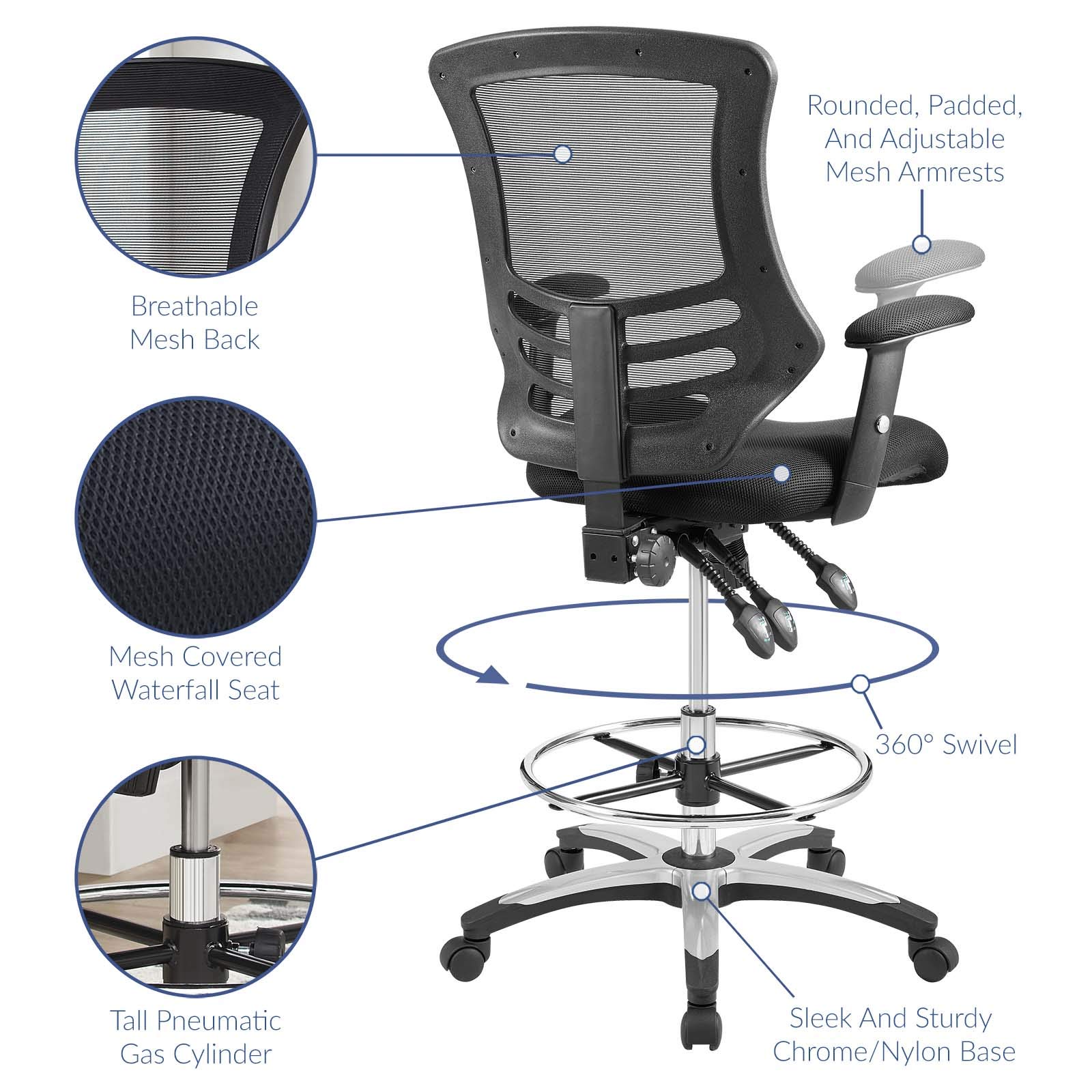 Modway Calibrate Ergonomic Mesh Drafting Chair - Adjustable Height Black Office Chair for Reception & Desk Work - Perfect for Architects, Designers & Long Hours Sitting