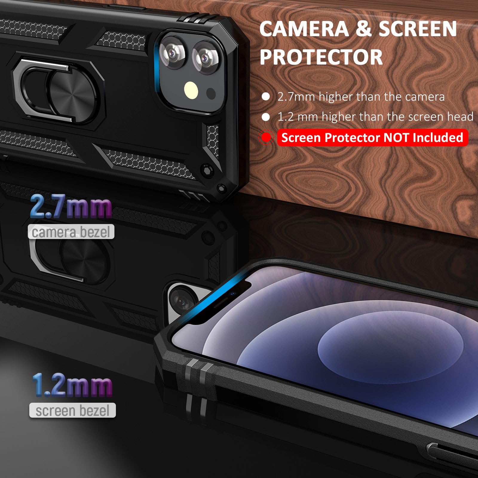 ADDIT Shockproof iPhone 12 Mini Case with Ring Holder Stand & Magnetic Car Mount - Military Grade Heavy Duty Protective Cover for iPhone 12 Mini (Black) - Perfect for Outdoor Activities, Work & Daily Use