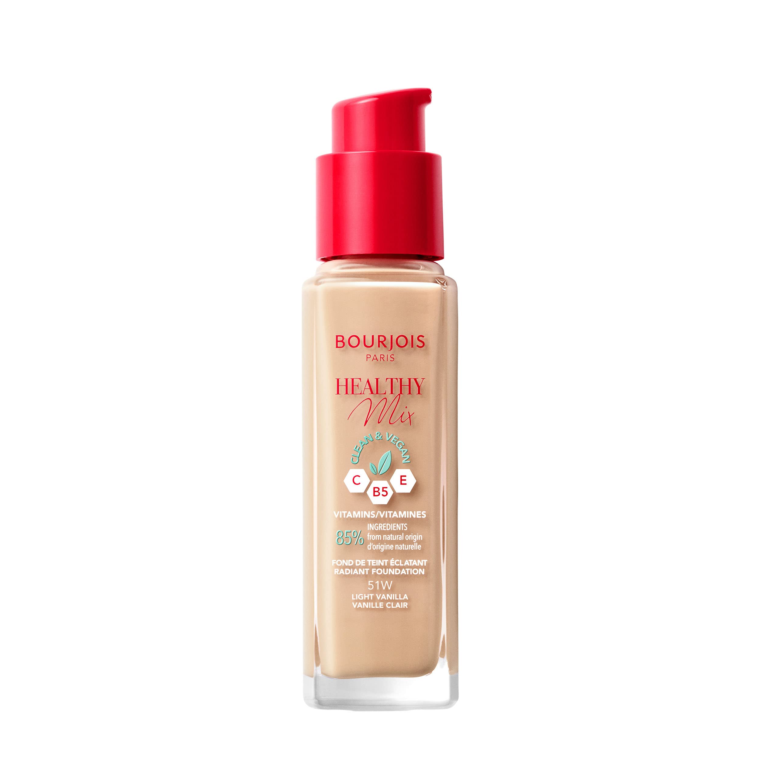Bourjois Healthy Mix Clean & Vegan Foundation - 51W Light Vanilla | Lightweight, Natural Finish | Perfect for Everyday Wear & Sensitive Skin