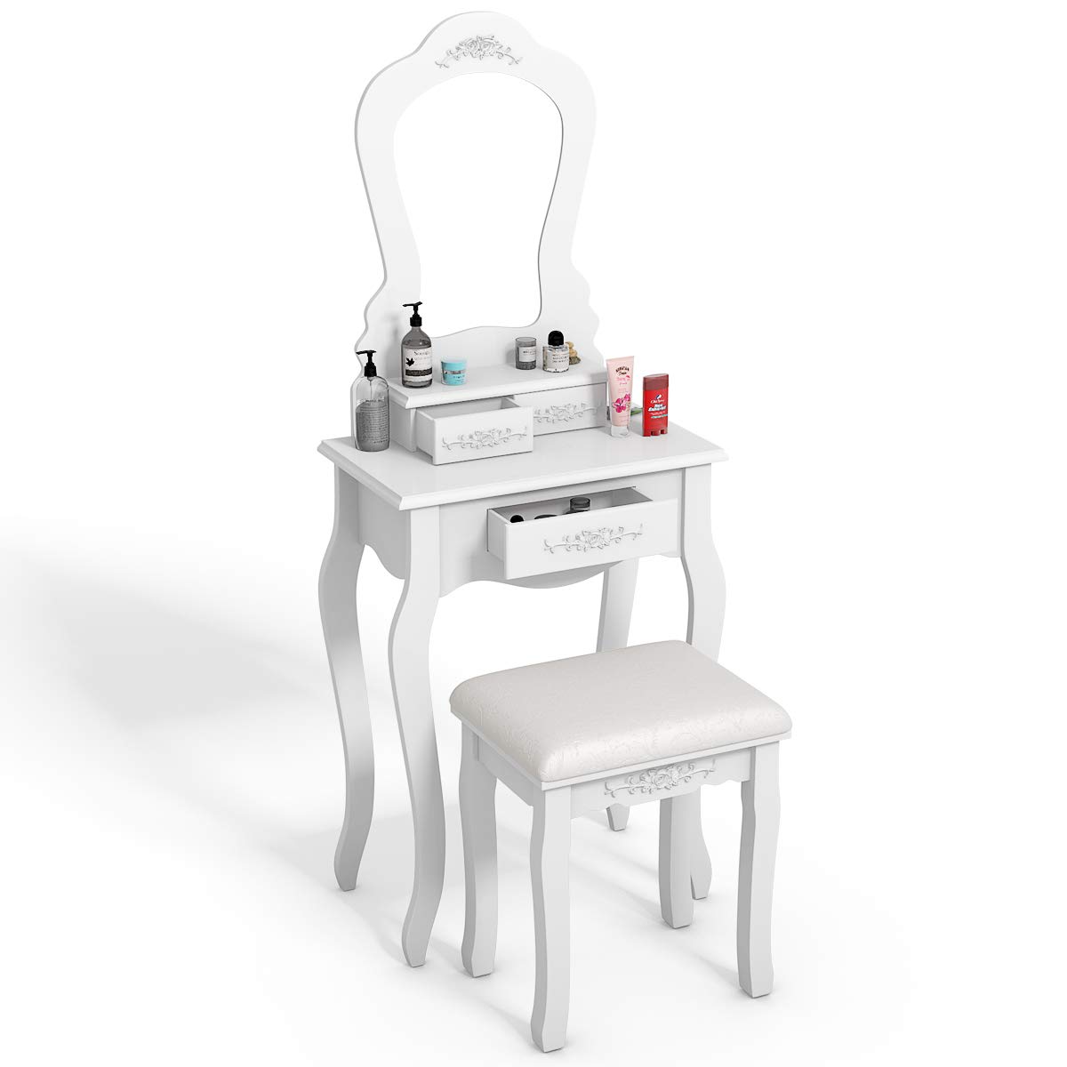 Modern White Vanity Table Set with 3 Drawers, Fan-Shaped Mirror & Cushioned Stool - Multifunctional Makeup Dressing Desk for Bedroom, Beauty Salon & Home Decor | Perfect for Daily Makeup, Skincare & Hair Styling