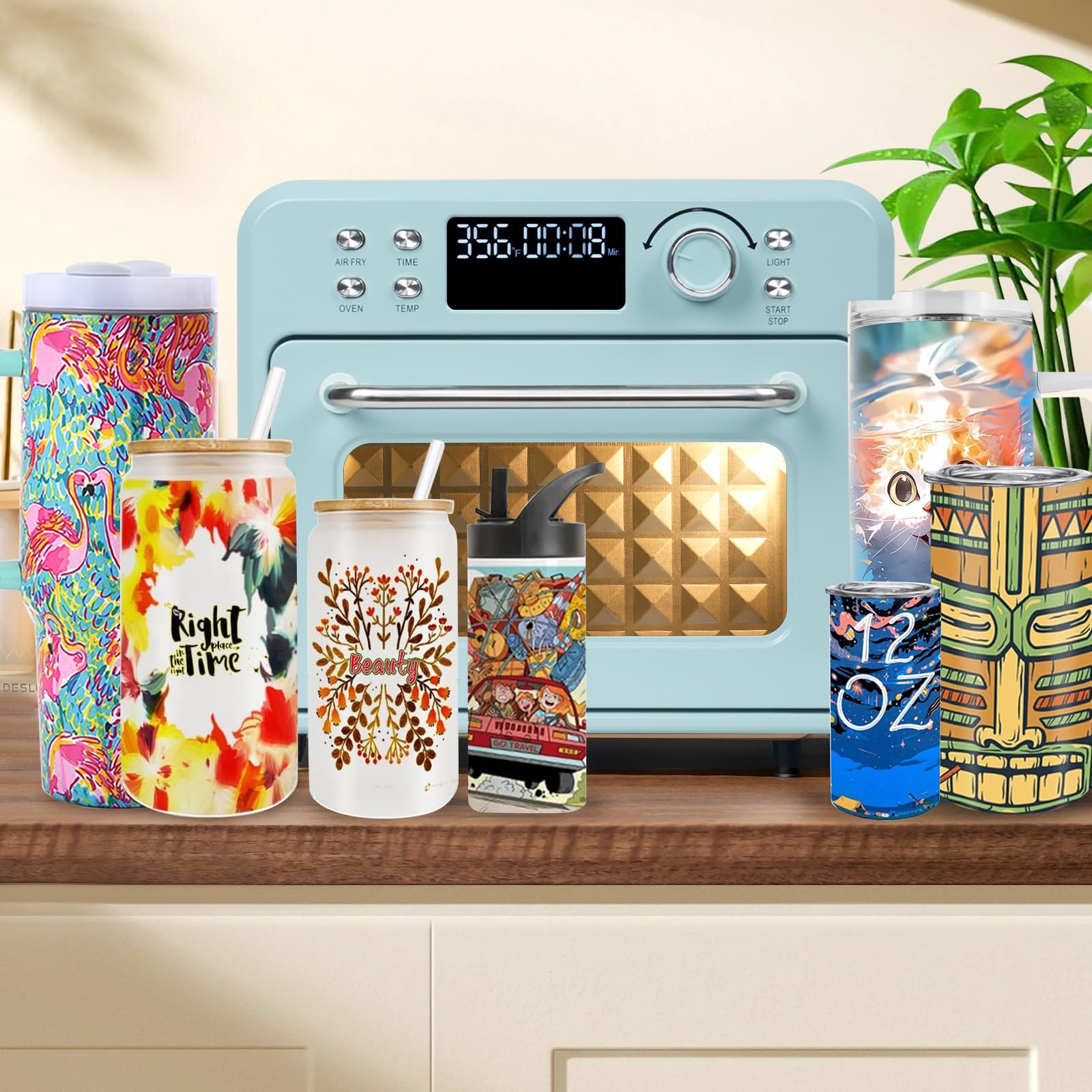 **16L 110V 1400W Sublimation Oven with Digital Display – Convection Heat for T-Shirts, Tumblers, Mugs & Water Bottles – Perfect for DIY Craft & Bulk Sublimation Transfer (Morandi Blue, Includes Glove)**    *(Use Cases: Ideal for small businesses, crafters, and hobbyists creating custom sublimation designs on apparel, drinkware, and promotional items.)*