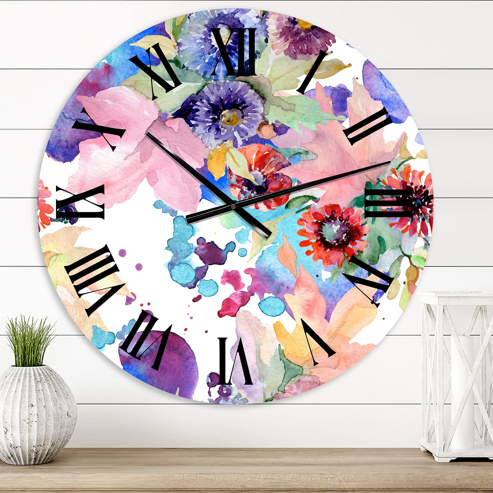 DesignQ Modern Wall Clock - Vibrant Wild Spring Leaves & Wildflowers VIII - Large Floral Botanical Wall Clock for Kitchen, Living Room, Bedroom Decor | Perfect for Home, Office & Gift Giving