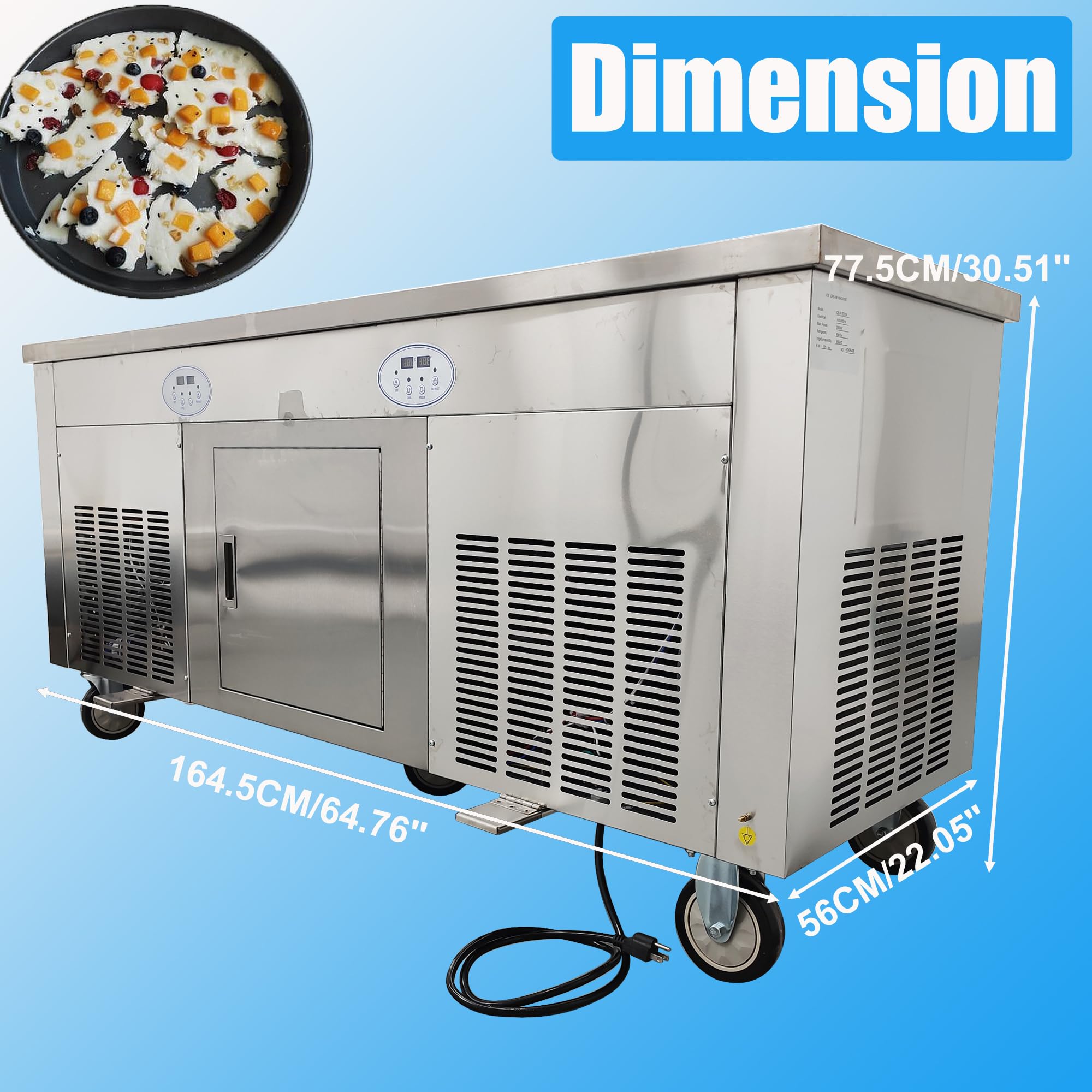 Commercial Electric Stainless Steel Rolled Ice Cream Maker Machine - Double Pot & Compressor for Fried Ice Cream & Yogurt - 10 Buckets with Lids (110V) - Perfect for Restaurants, Cafes & Dessert Shops