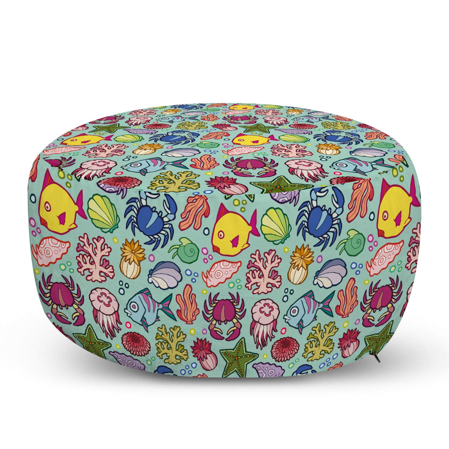 Ambesonne Fish Ottoman Pouf - Marine Life Design with Coral, Jellyfish & Starfish | Soft Decorative Footrest with Removable Cover for Living Room & Bedroom | Seafoam Multicolor | Perfect for Coastal Decor & Lounge Comfort
