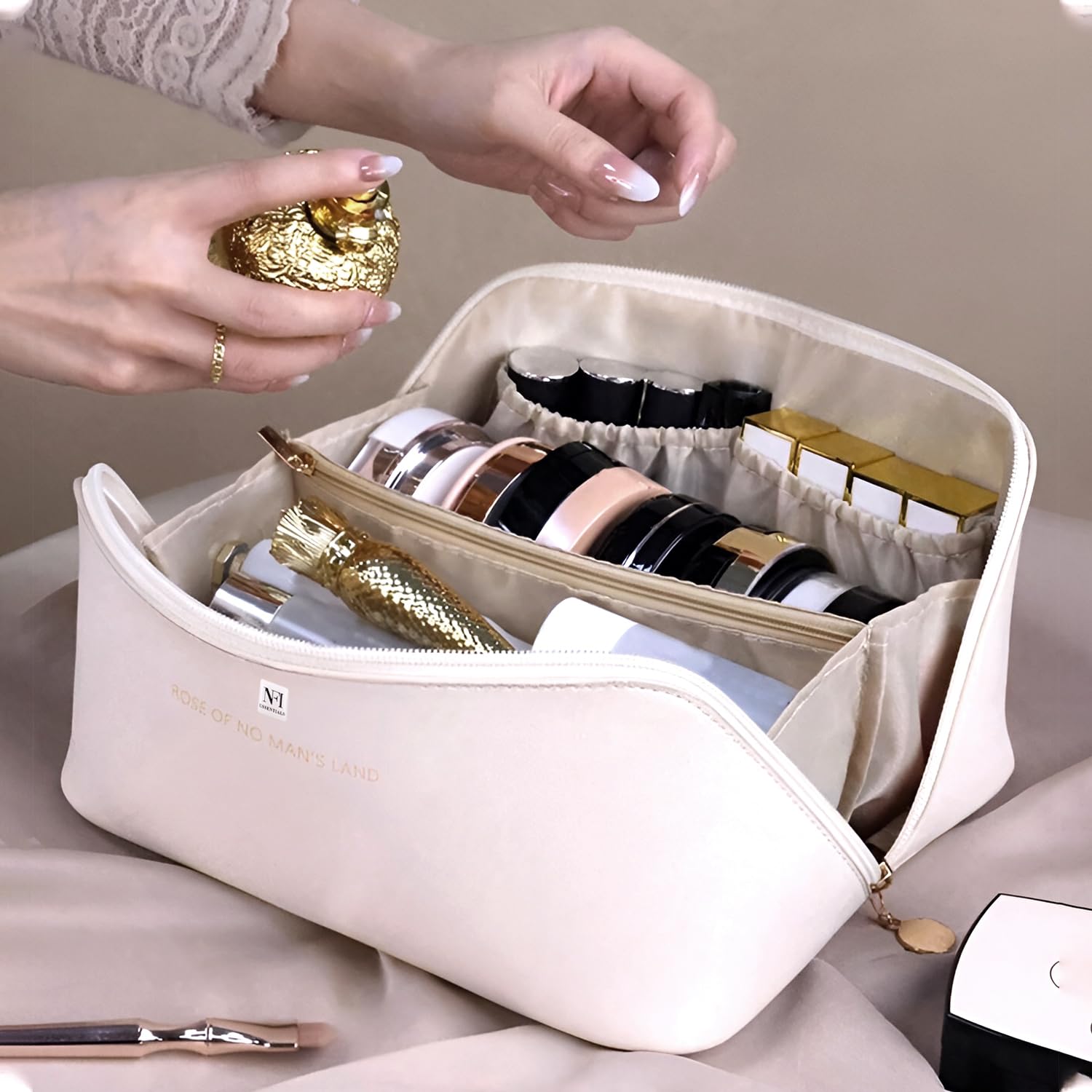 NFI Essentials Women's Leather Cosmetic Travel Organizer Bag - Portable Makeup Pouch & Toiletry Bag with Wide Opening, Handle & Divider - Perfect for Air Travel, Gym & Weekend Getaways
