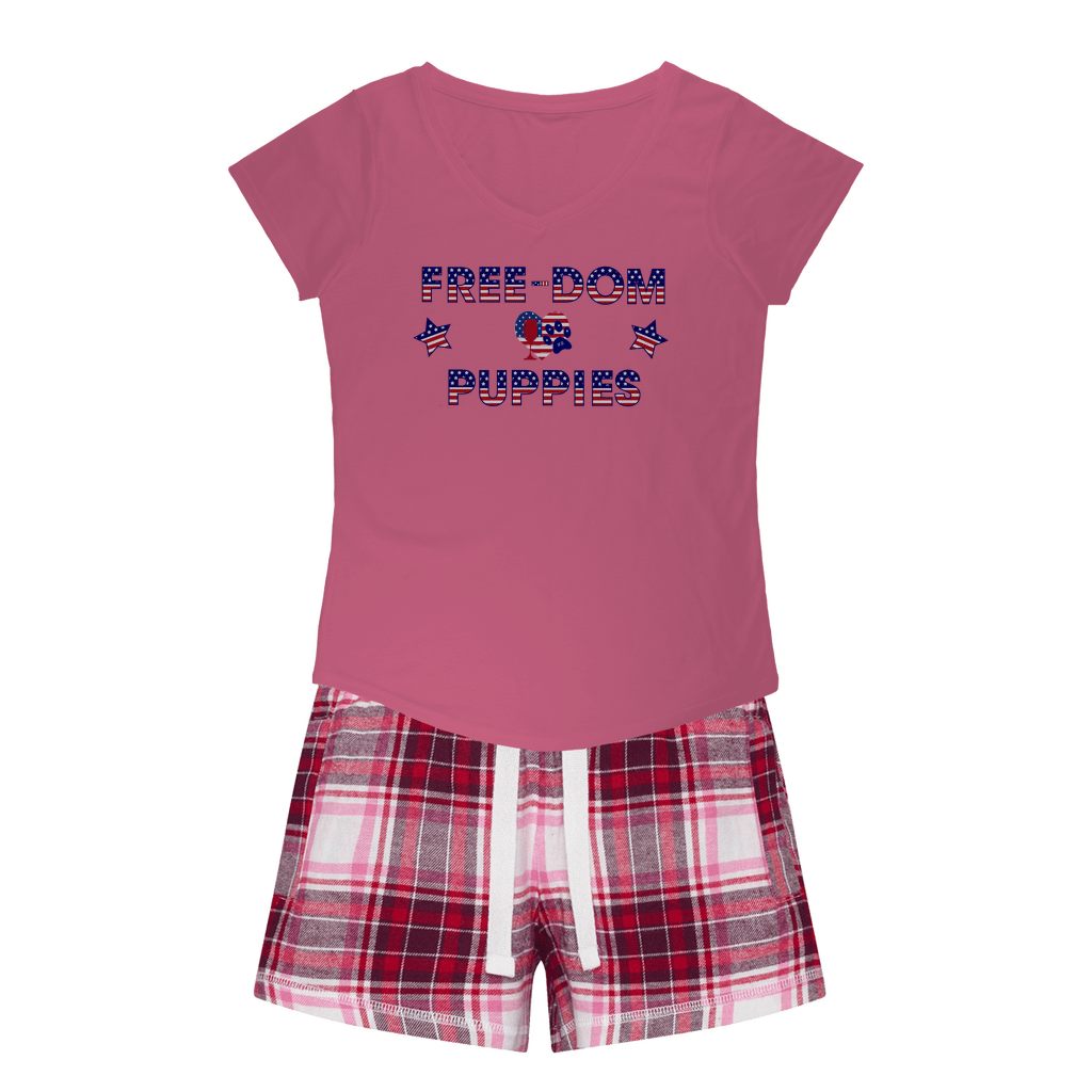 WineyBitches.Co Freedom Puppies Girls Sleepy Tee and Flannel Shorts - Cute Pajama Set for Girls, Comfortable Sleepwear for Kids, Cozy Loungewear for Sleepovers & Playdates