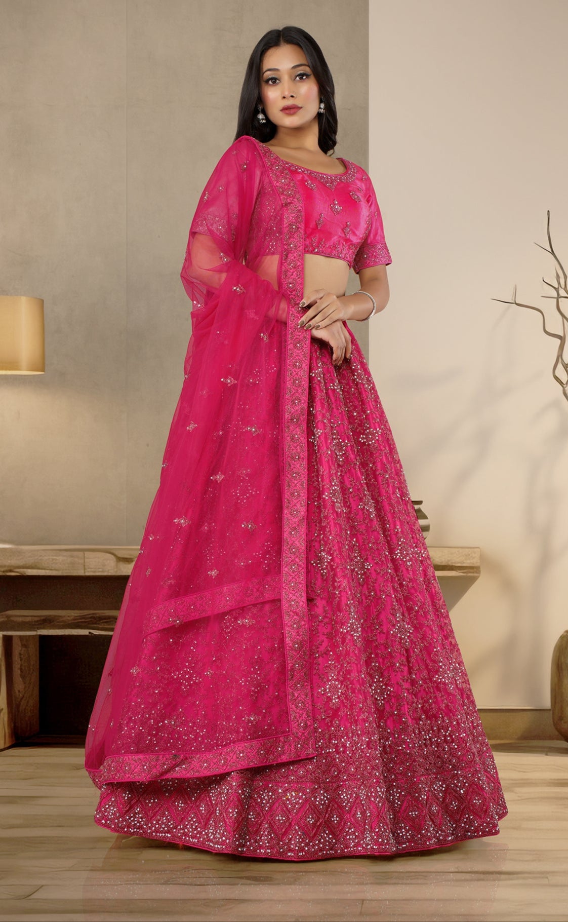 Luxury Designer Bridal Pink Embroidered Net Lehenga Choli Set (D642) - Perfect for Indian Weddings, Sangeet & Reception Parties