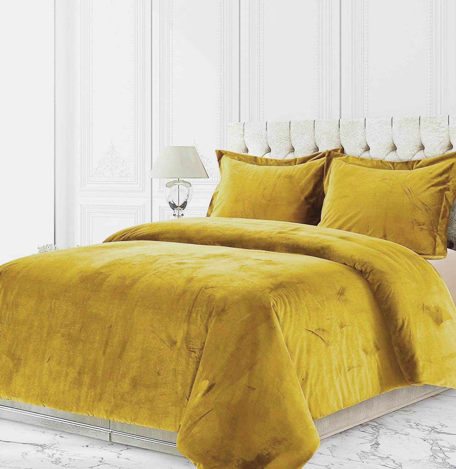 Luxury Velvet Comforter Set Full 3-Piece (Comforter + 2 Pillowcases) - 500 GSM Crushed Gold Venice Velvet Sherpa Quilt Duvet - Soft & Warm Bedding for Winter - Perfect for Master Bedroom, Guest Room & Cozy Nights